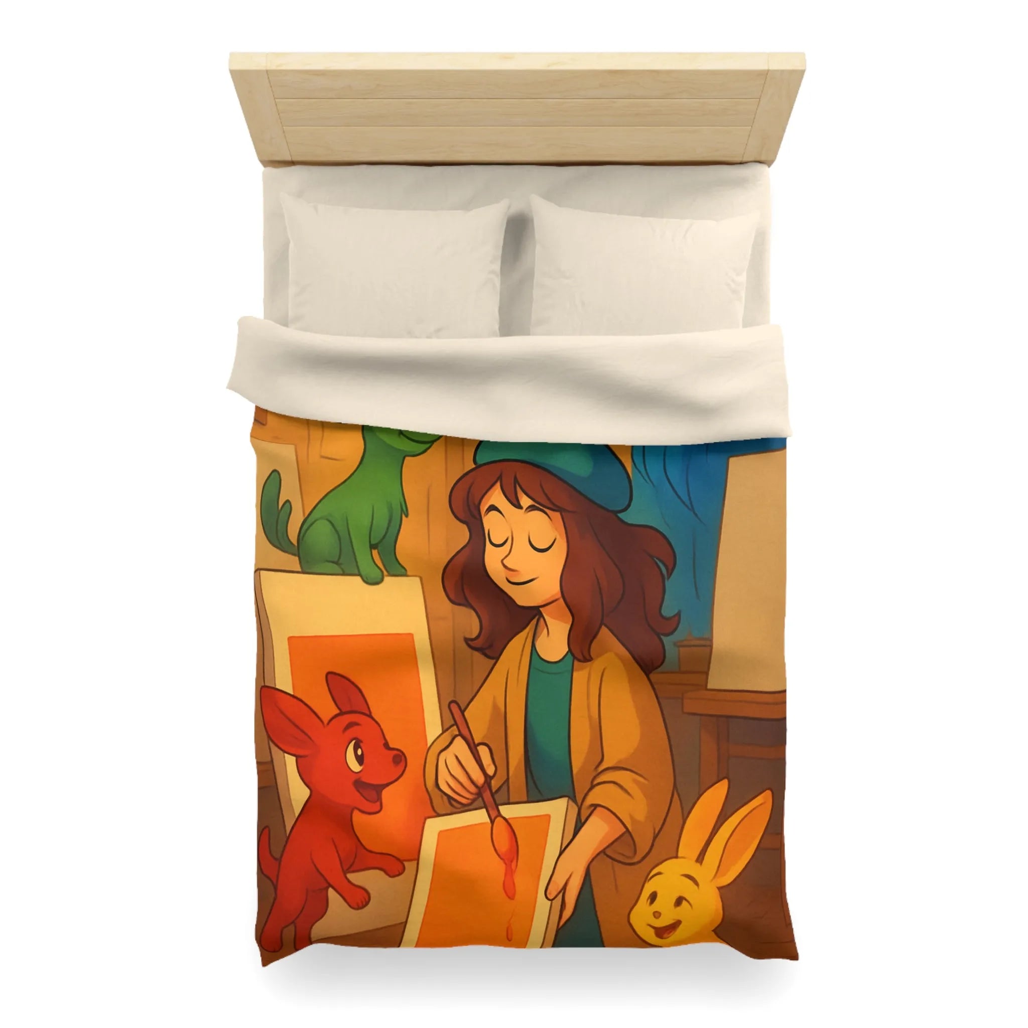 Housse de couette colorée avec artiste et animaux en studio d'art lumineux