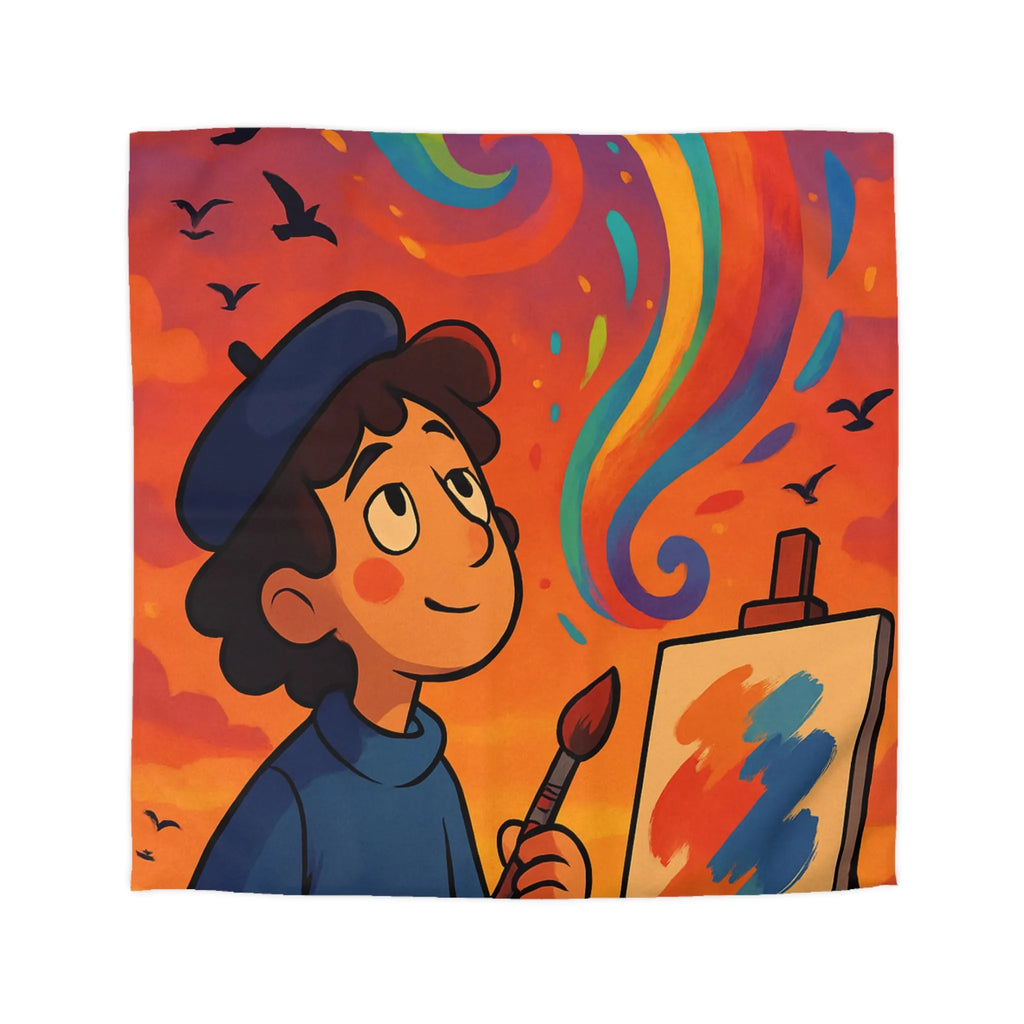 Housse de couette colorée avec artiste rêveur peignant sous ciel vibrant au crépuscule