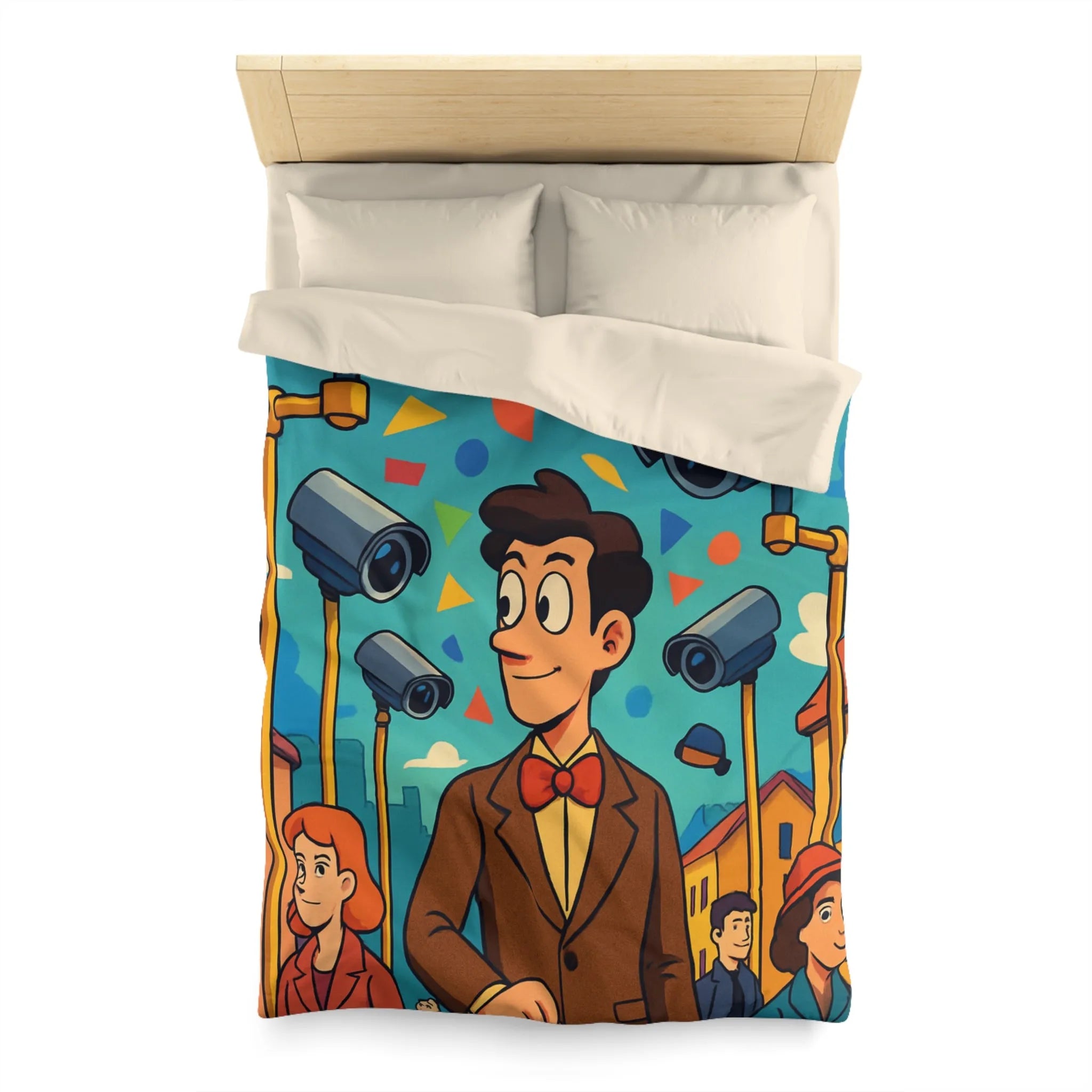 Housse de couette colorée avec motifs géométriques et personnages sous caméras de surveillance