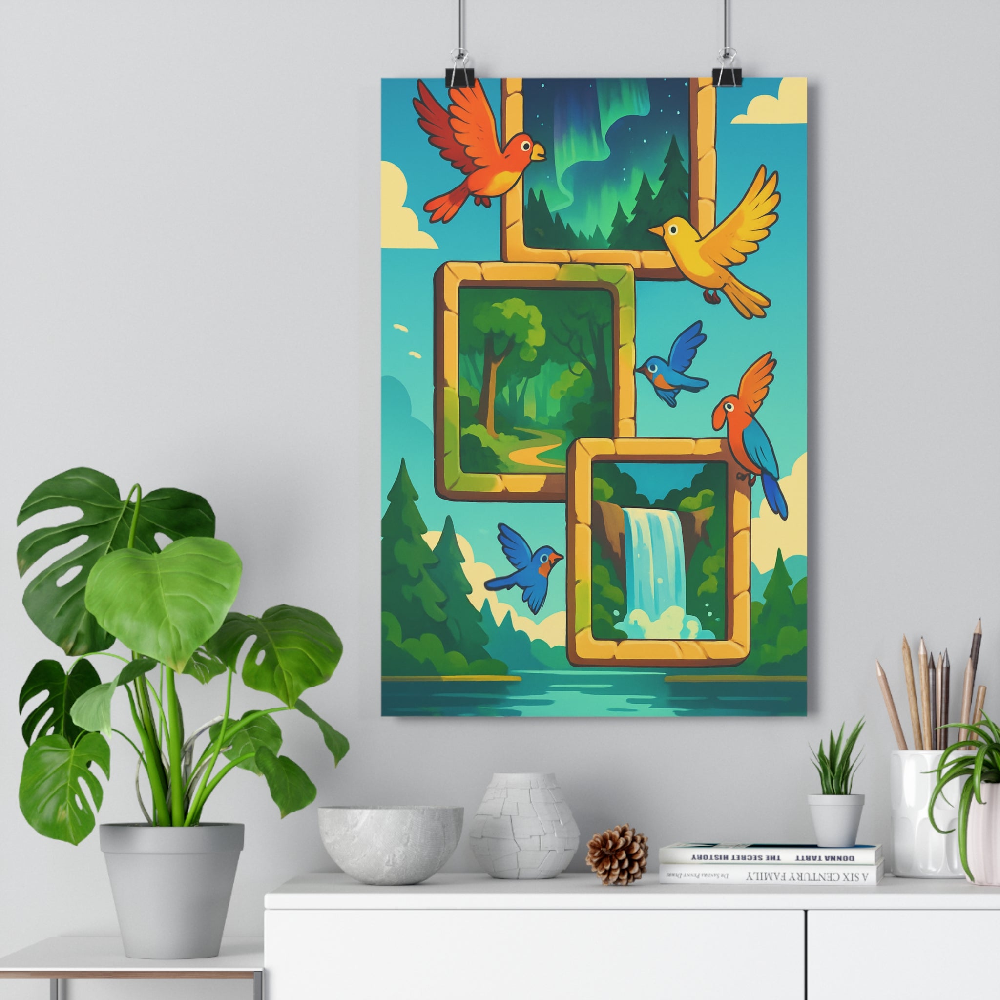 Poster décoratif cartoon coloré nature joyeux salon chambre forêt cascade oiseaux apaisant vert jaune