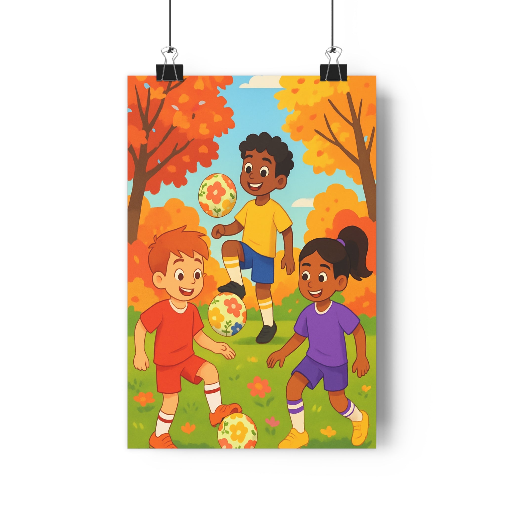 Poster décoratif enfants football pastel joyeux automne rouge jaune violet chambre créatif parc chaleureux