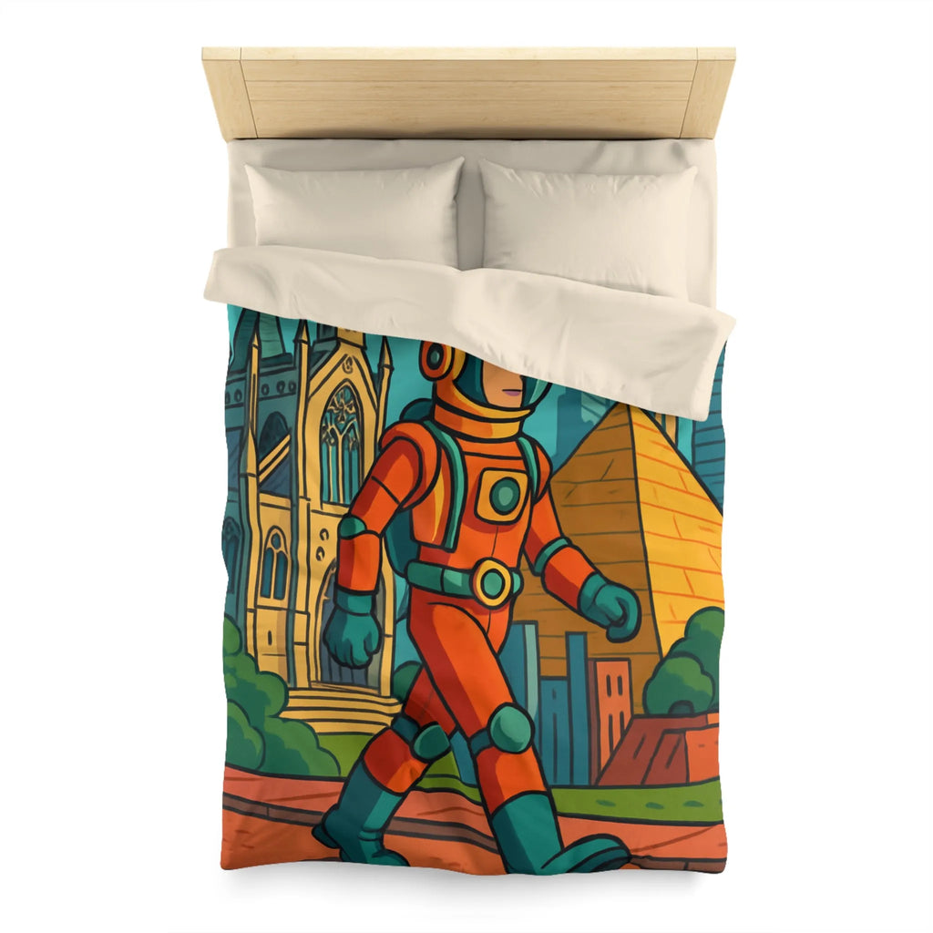 Housse de Couette Astronaute avec Paysages Urbains et Architecturaux, Couleurs Vives et Design Moderne