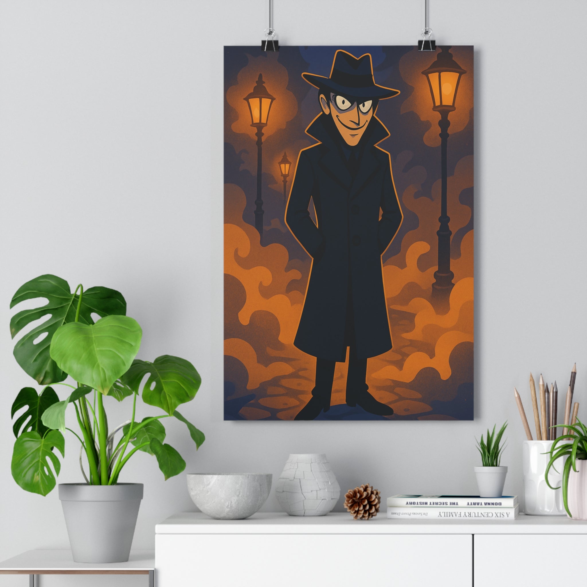 Poster décoratif personnage mystérieux noir orange cartoon victorien salon bureau ambiance dramatique 30x46 cm