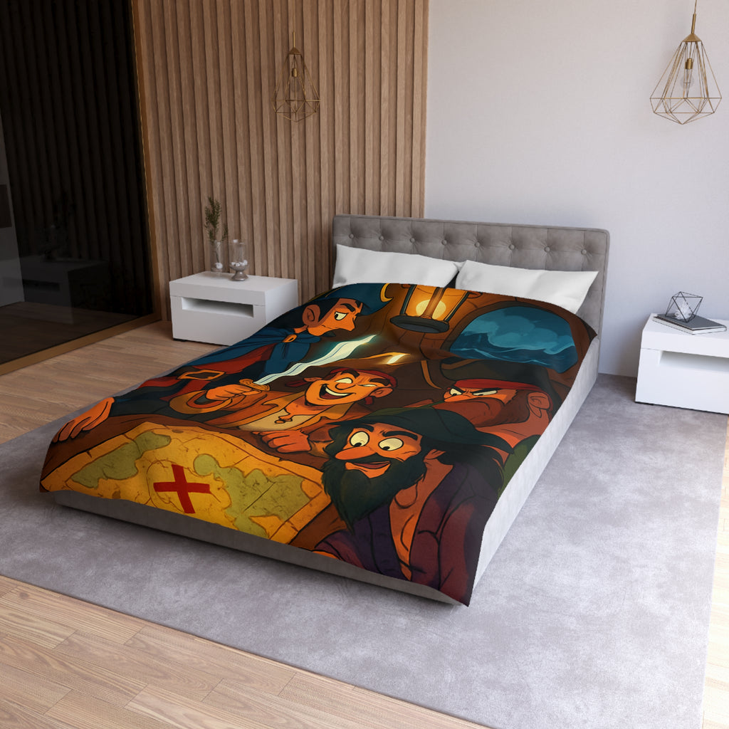 Housse de Couette Pirate Cartoon avec Carte Trésor et Équipage Sous Lampe