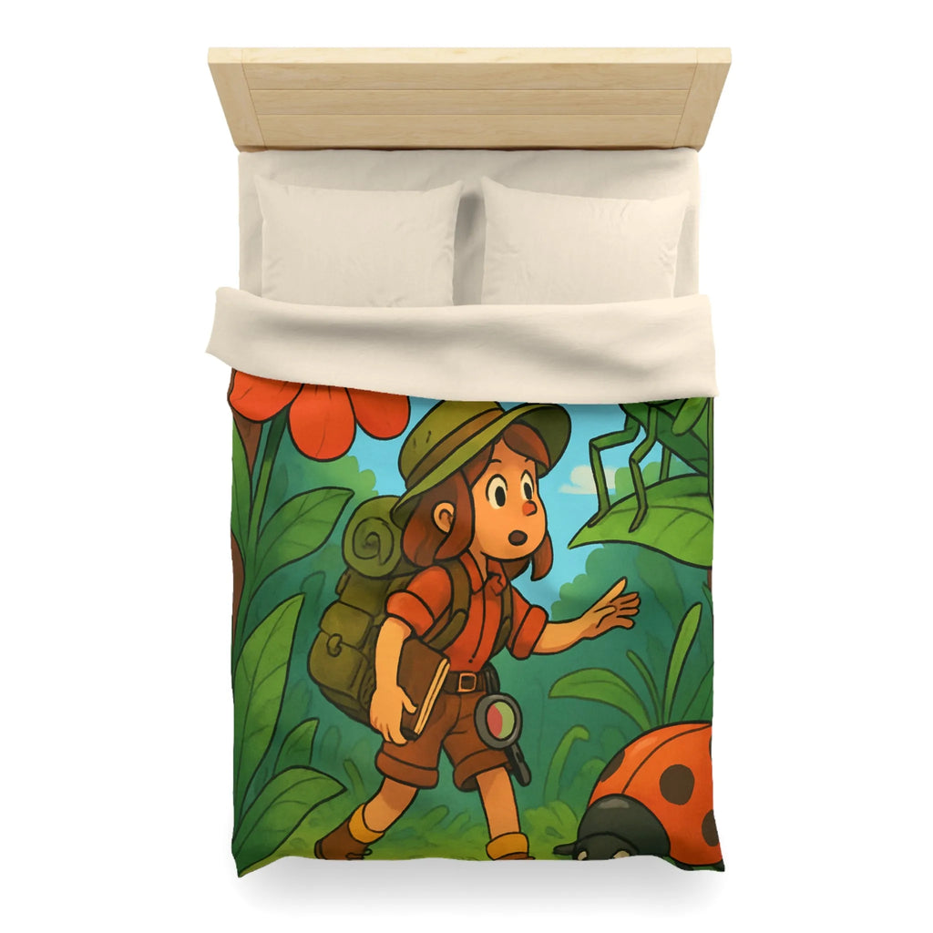 Housse de Couette Enfant Nature avec Exploratrice et Insectes Géants pour Aventure Ludiquement Colorée