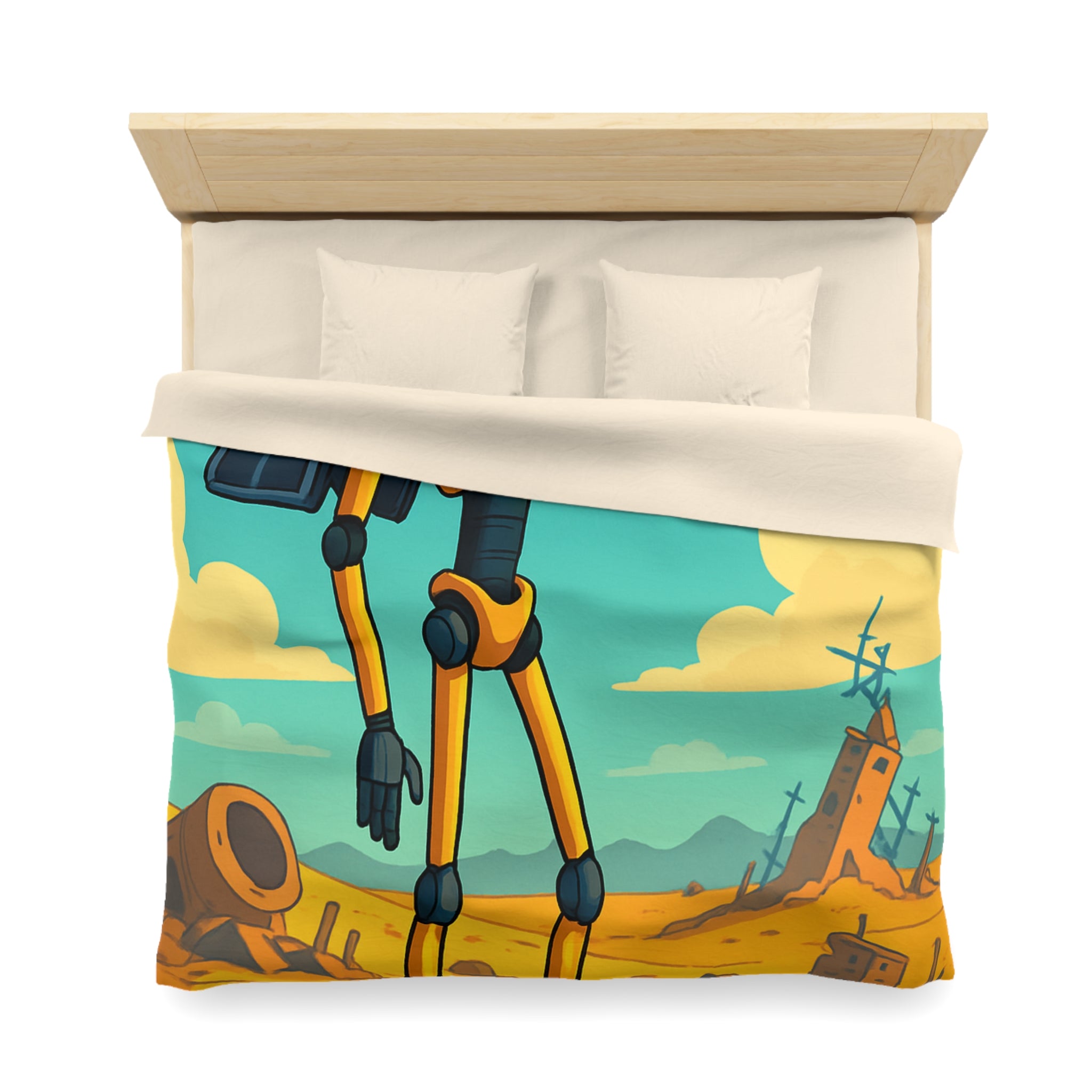 Housse de couette robot jaune explorateur dans désert post-apocalyptique avec oiseau