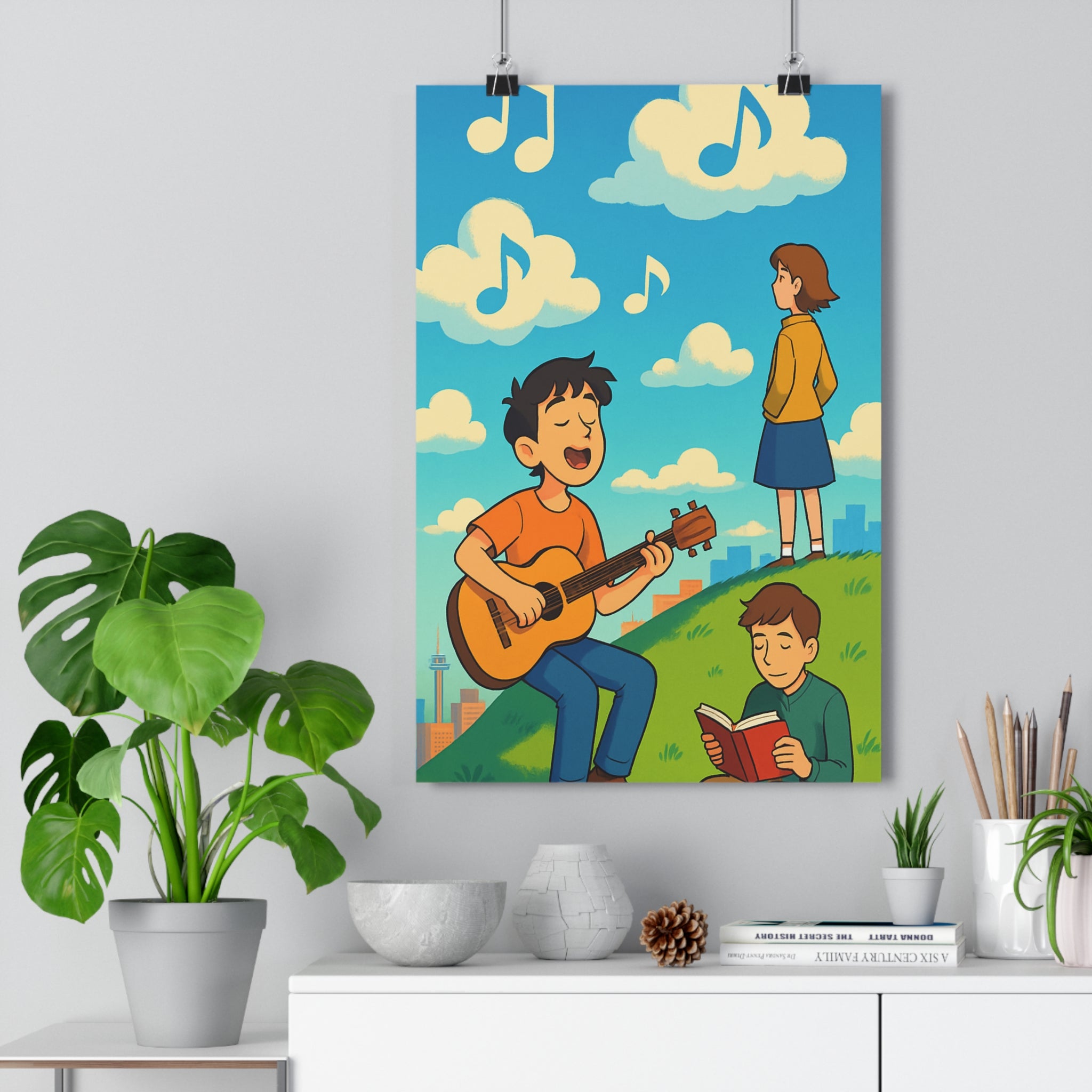 Poster décoratif cartoon bleu blanc créatif paisible chambre salon mural artistique unique guitare livre