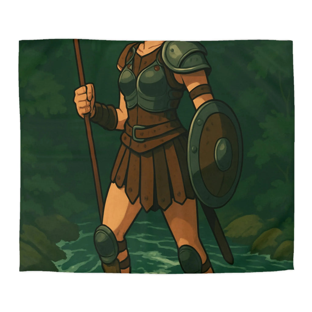 Housse de couette héroïque avec guerrière médiévale dans forêt mystique ambiance aventure épique