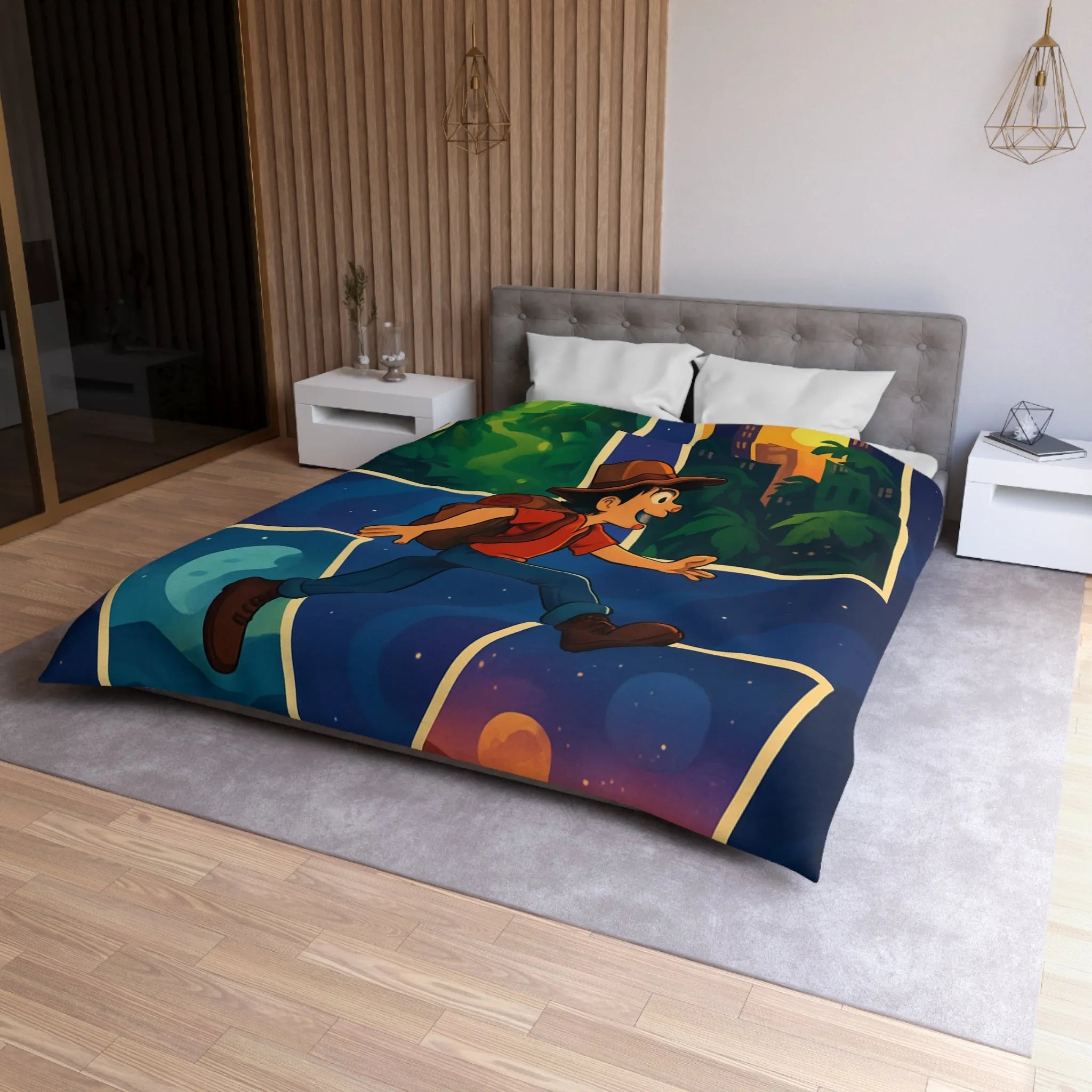 Housse de couette colorée avec illustrations d'aventure forêt, ville, désert, espace