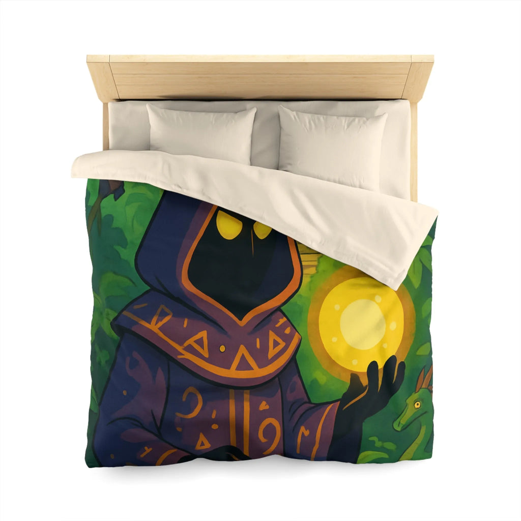 Housse de couette ambiance mystique avec mage sombre dans jungle énigmatique et temple ancien