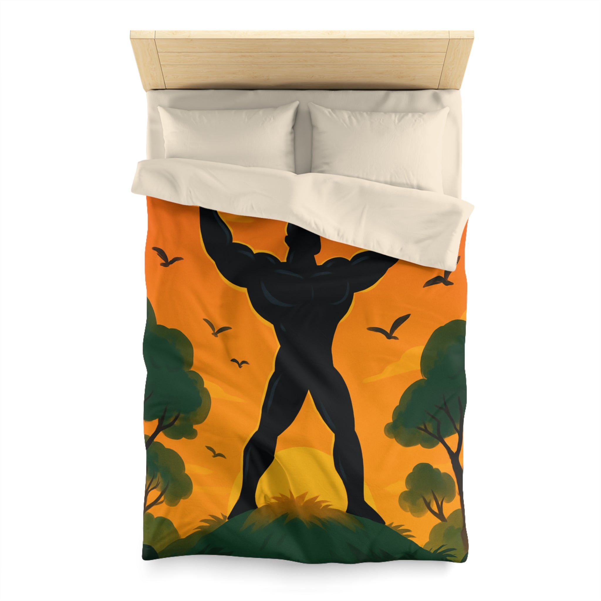 Housse de couette silhouette héros sur colline, coucher de soleil et oiseaux volants