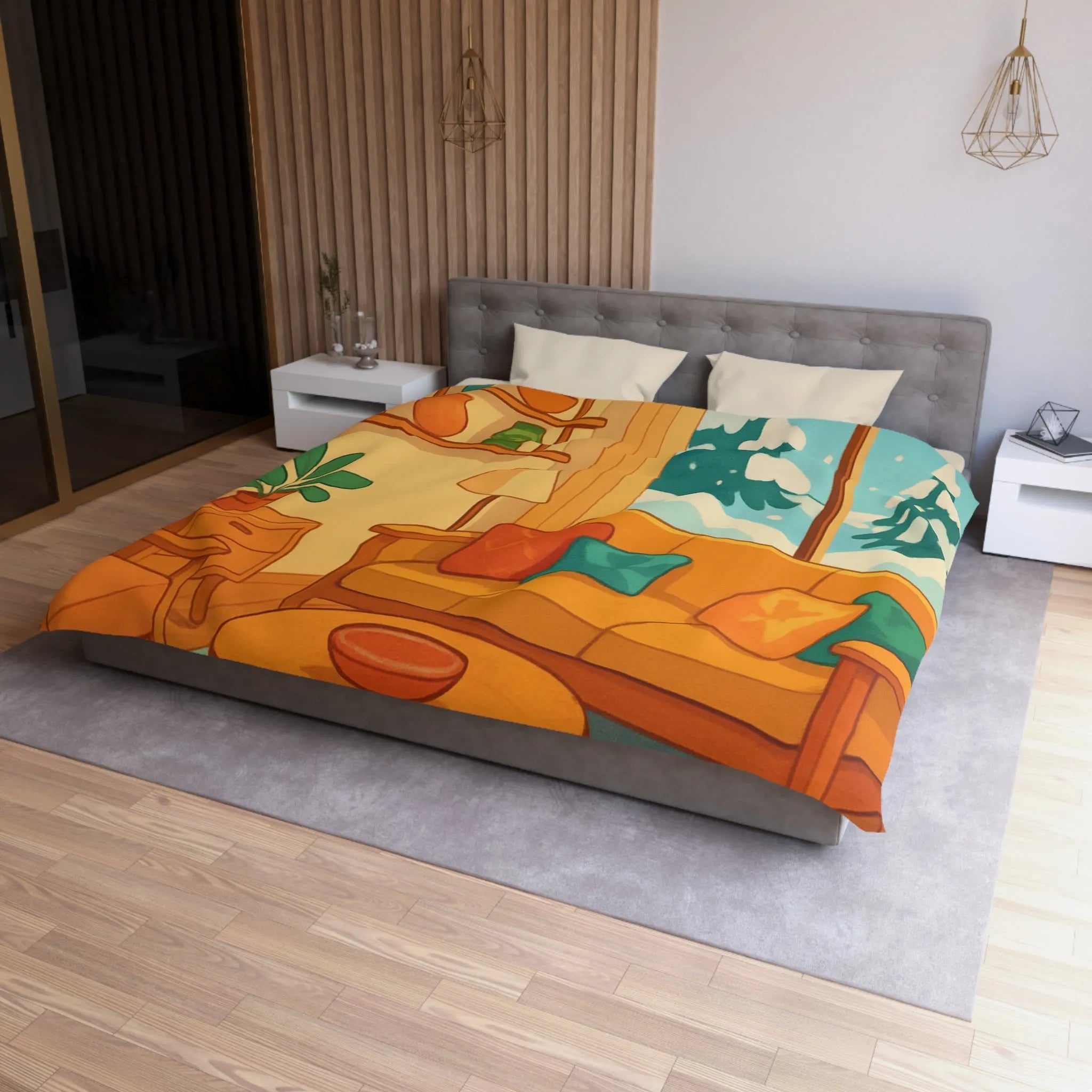 Housse de couette chaleureuse motif salon hiver, décor scandinave avec neige et plantes