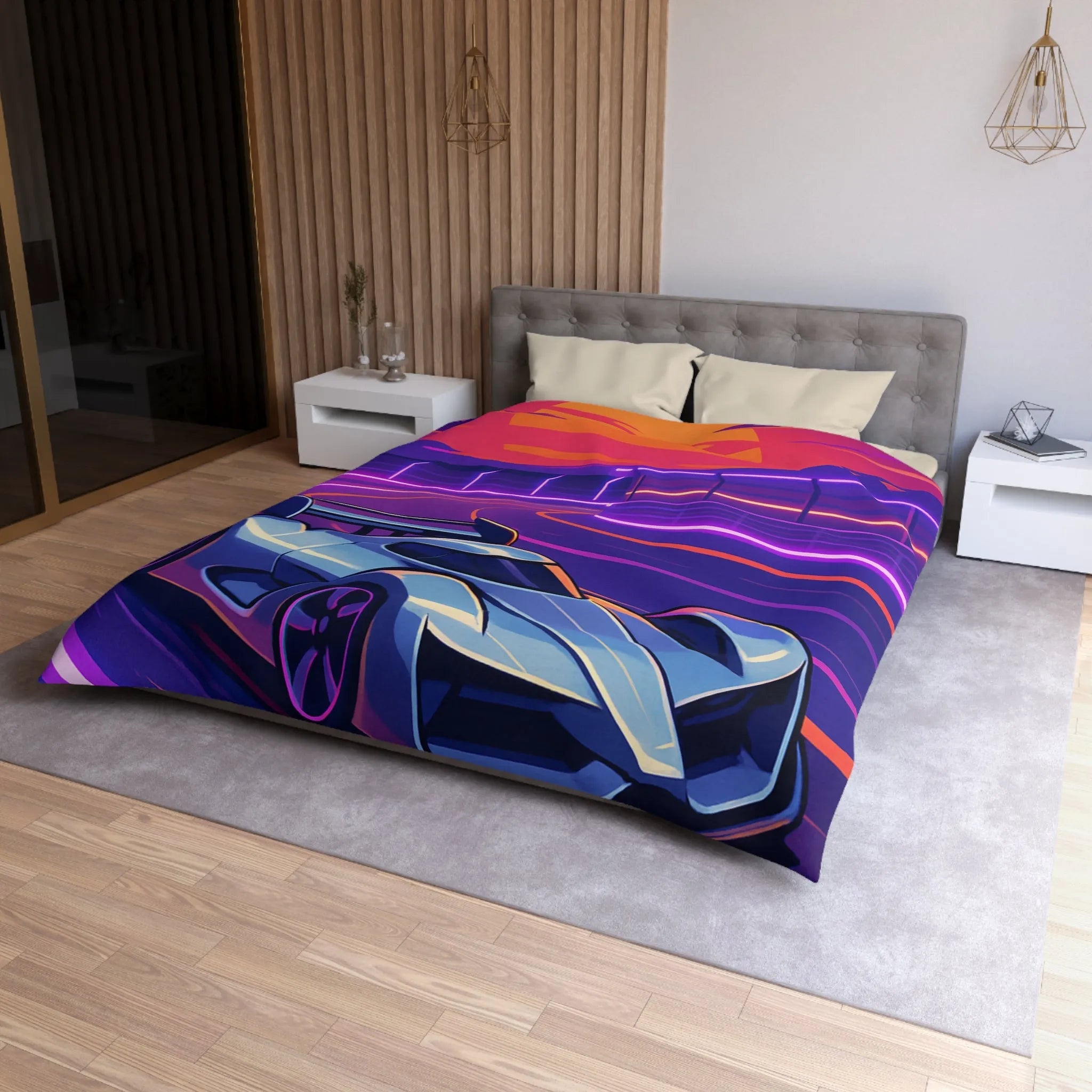 Housse de couette de voiture futuriste dérapante sur circuit éclairé au coucher du soleil