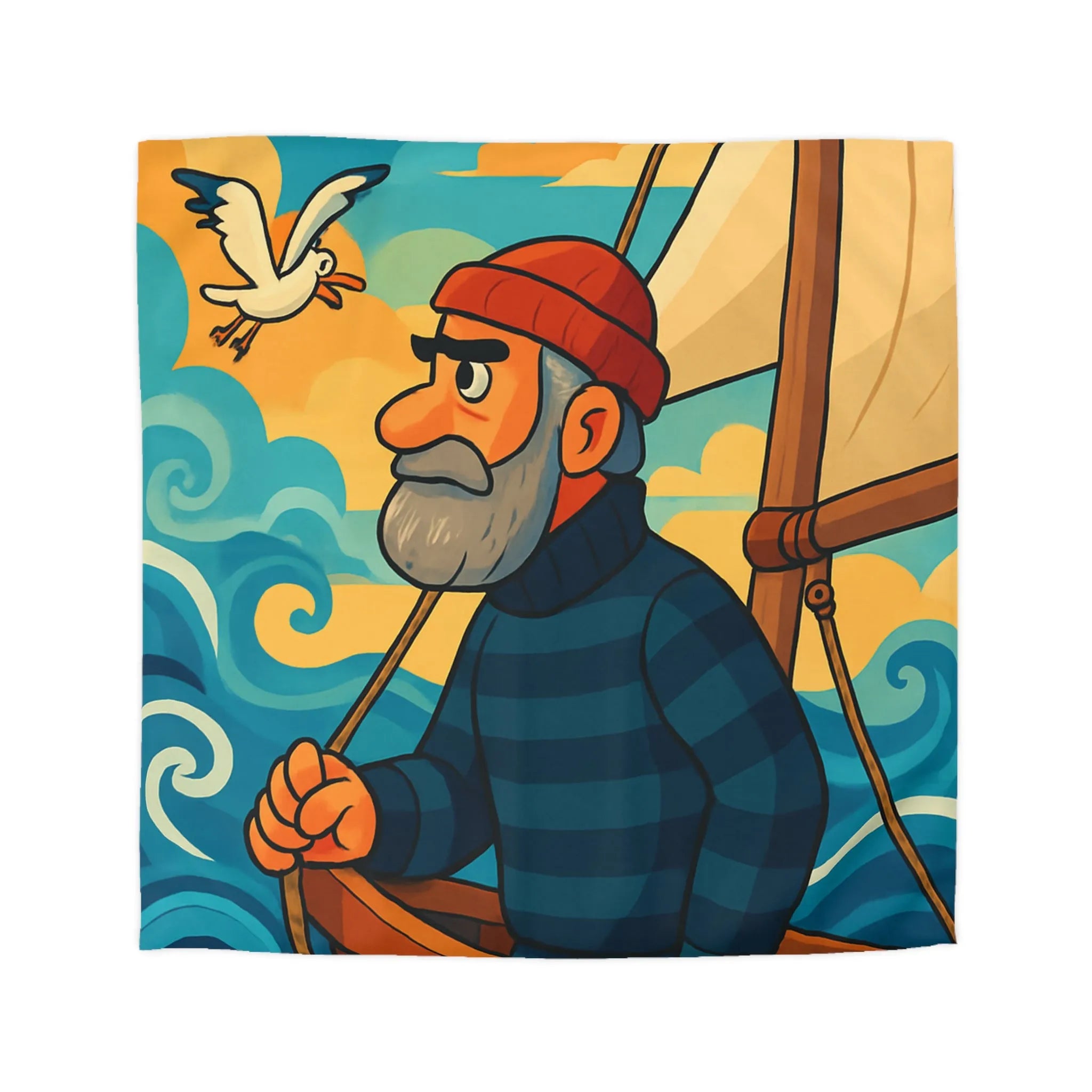 Housse de couette marin colorée avec voilier, mouettes et vagues pour décoration océanique