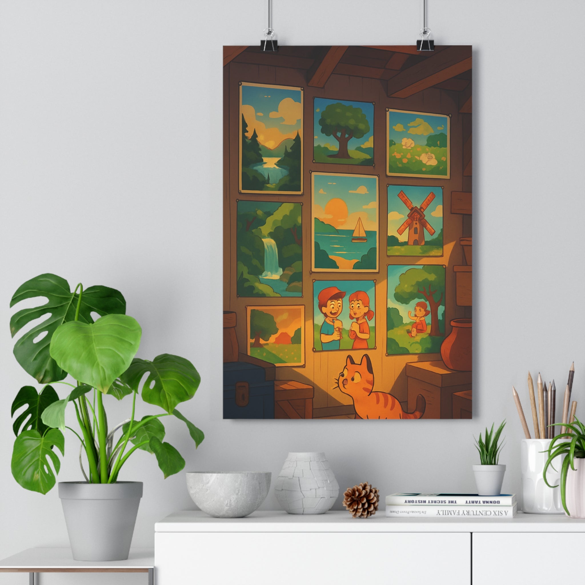 Poster décoratif mosaïque couleurs vives apaisantes nostalgique chaleureux salon chambre paysage nature personnage qualité