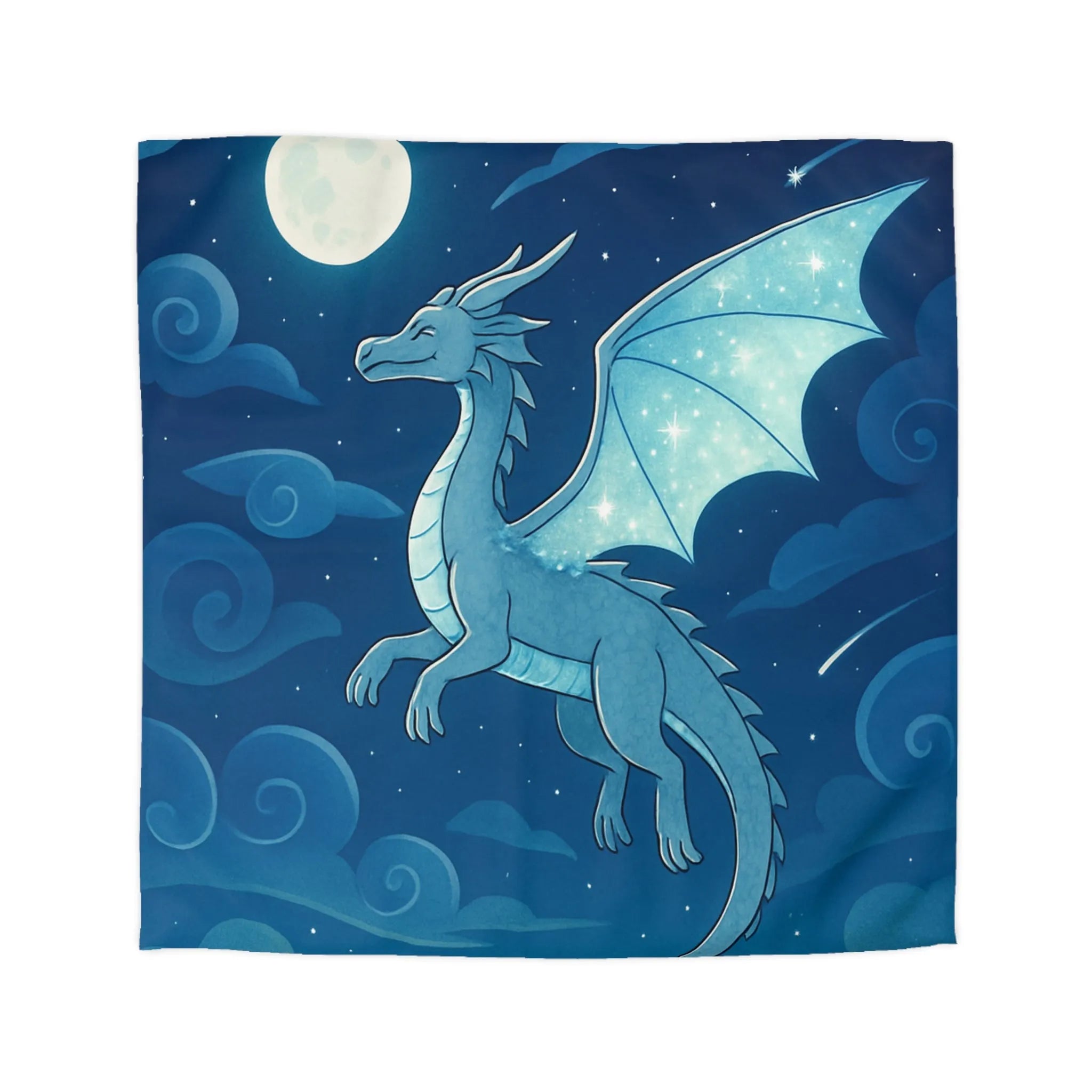 Housse de couette avec dragon bleu étincelant volant sous lune et étoiles scintillantes