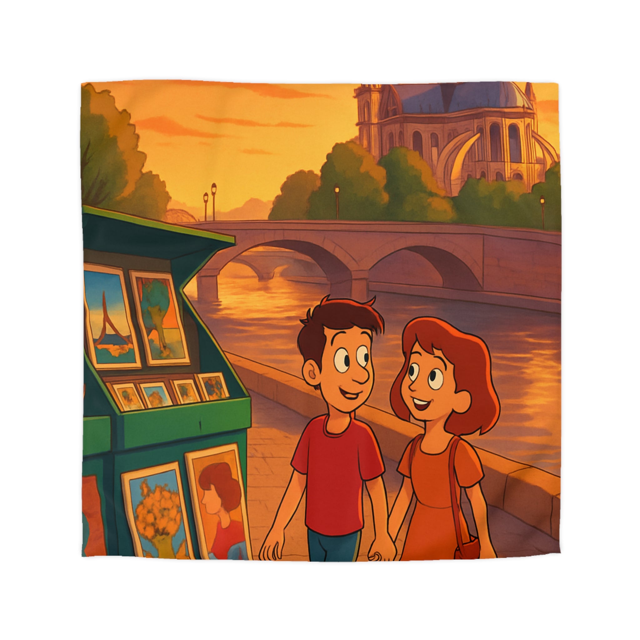 Housse de Couette Romance Parisienne Au Coucher Du Soleil Avec Vue Cathédrale