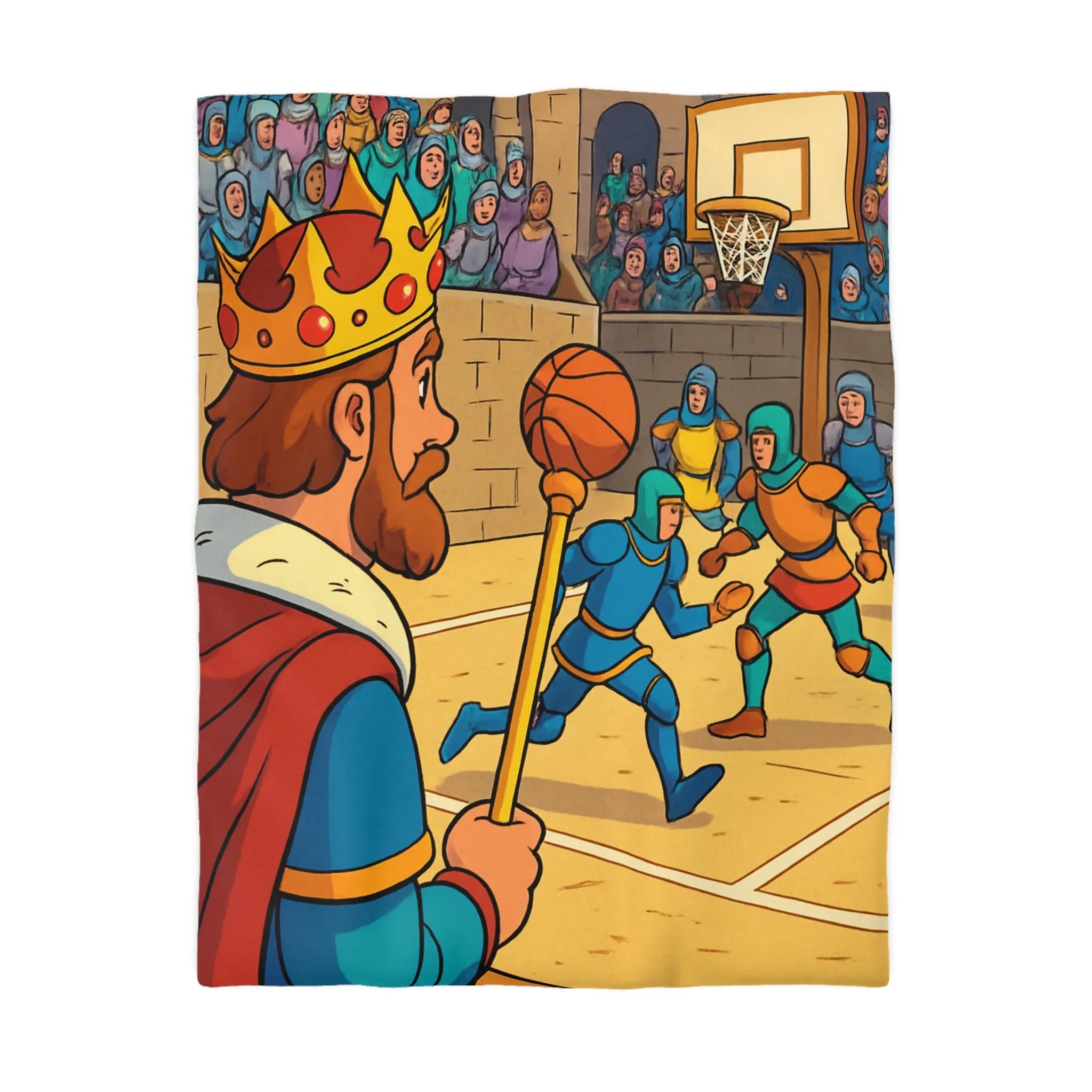 Housse de couette médiévale originale avec chevaliers jouant au basket dans un château
