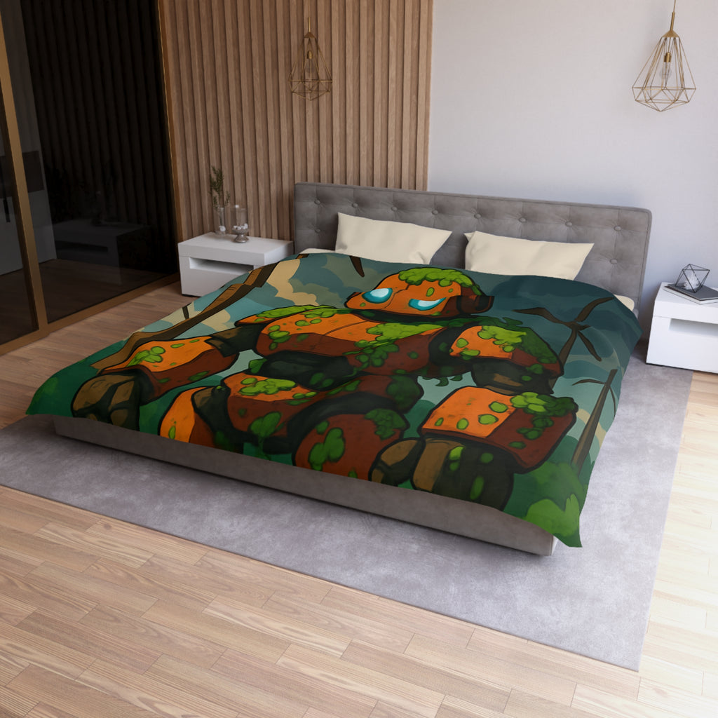 Housse de couette robot et éoliennes, motif nature et technologie, ambiance verte apaisante