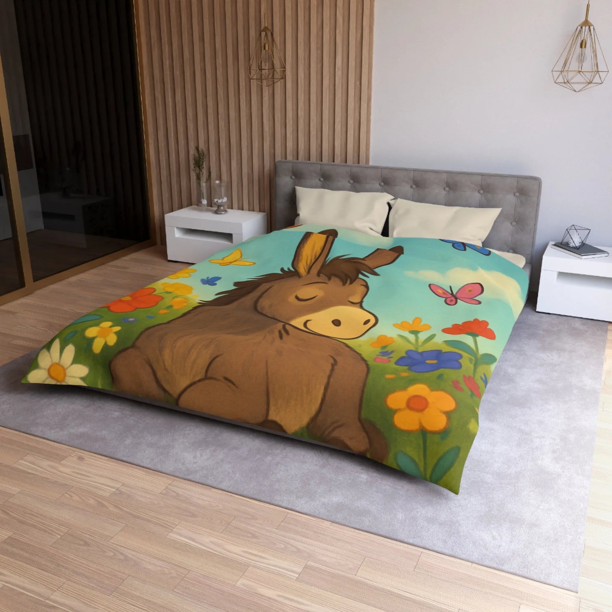 Housse de couette enfant Âne endormi, fleurs colorées et papillons dans un pré