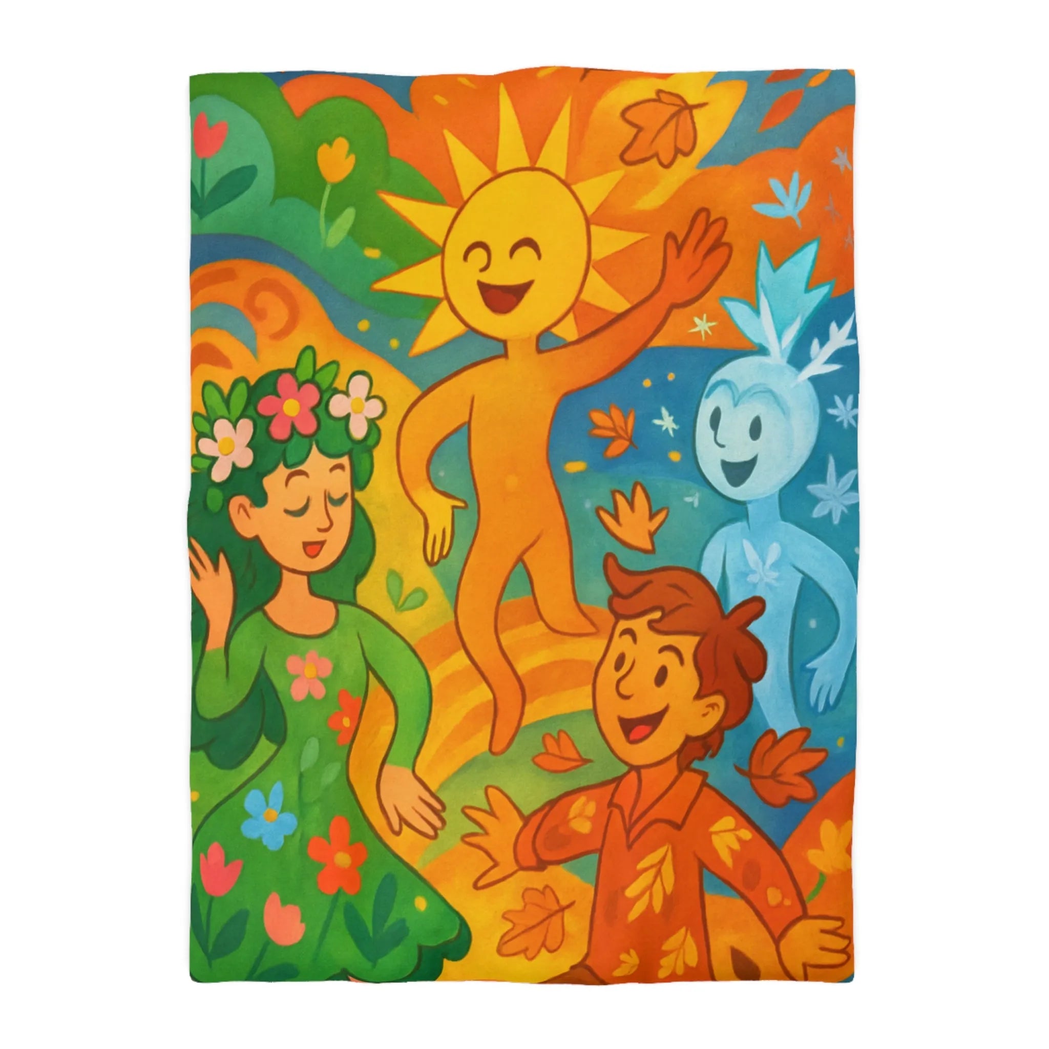 Housse de couette éclatante illustrant les quatre saisons dans un design ludique et coloré