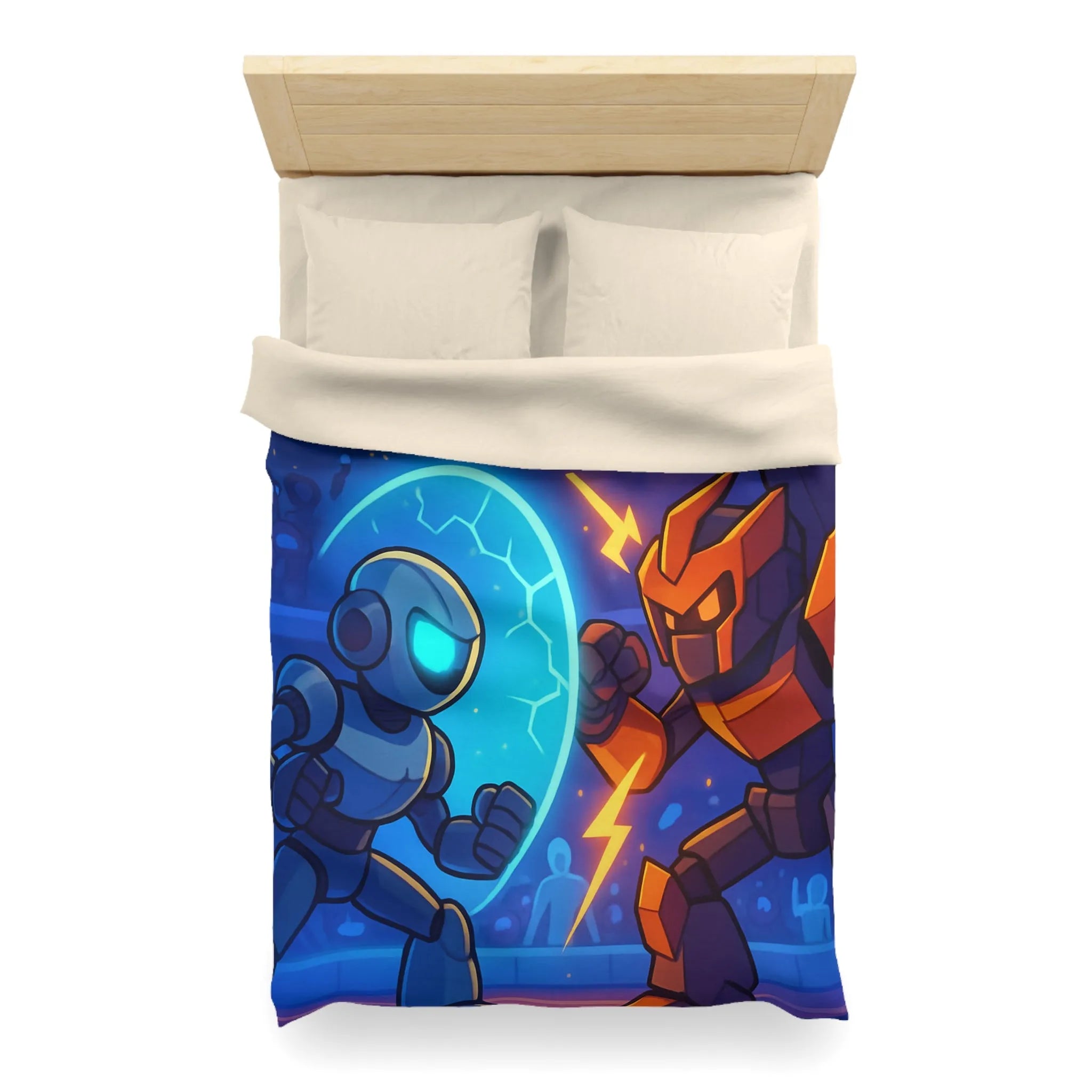 Housse de couette avec robots futuristes en duel, éclairs et énergie dans l'arène