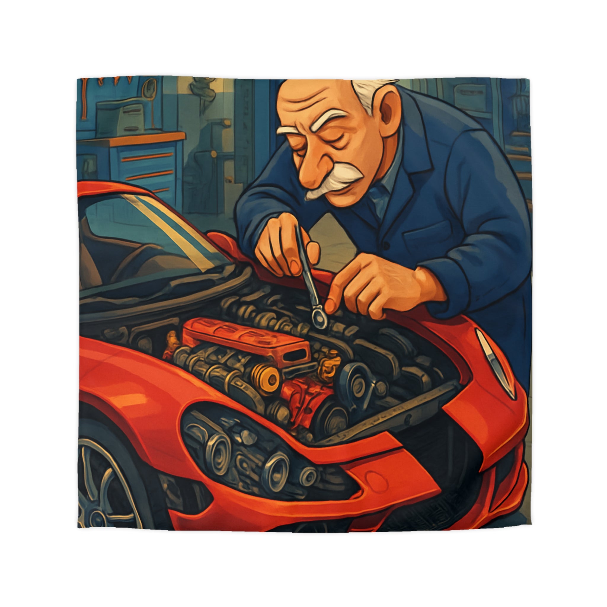 Housse de couette voiture rouge et mécanicien dans garage rétro pour chambre unique