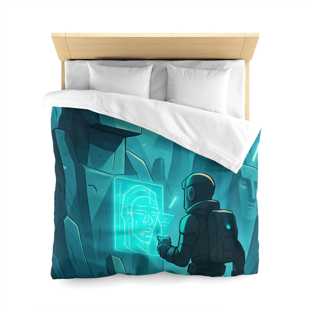 Housse de couette futuriste avec statues anciennes et explorateur dans une ambiance lumineuse néon