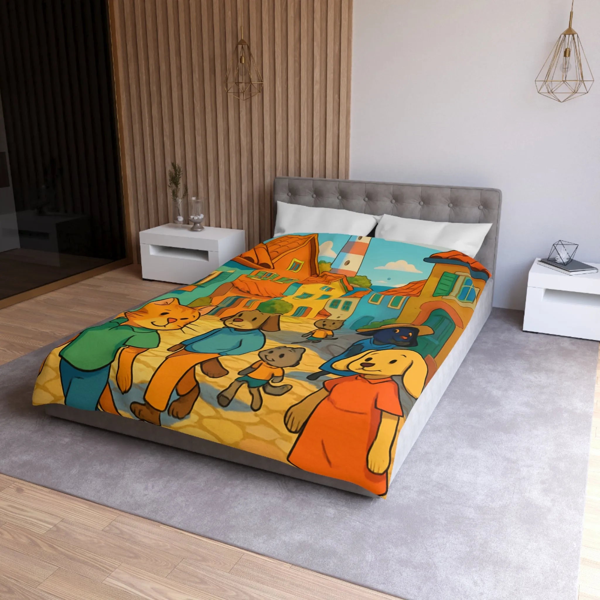 Housse de Couette Colorée avec Animaux Anthropomorphes et Lighthouse sur Rue ensoleillée