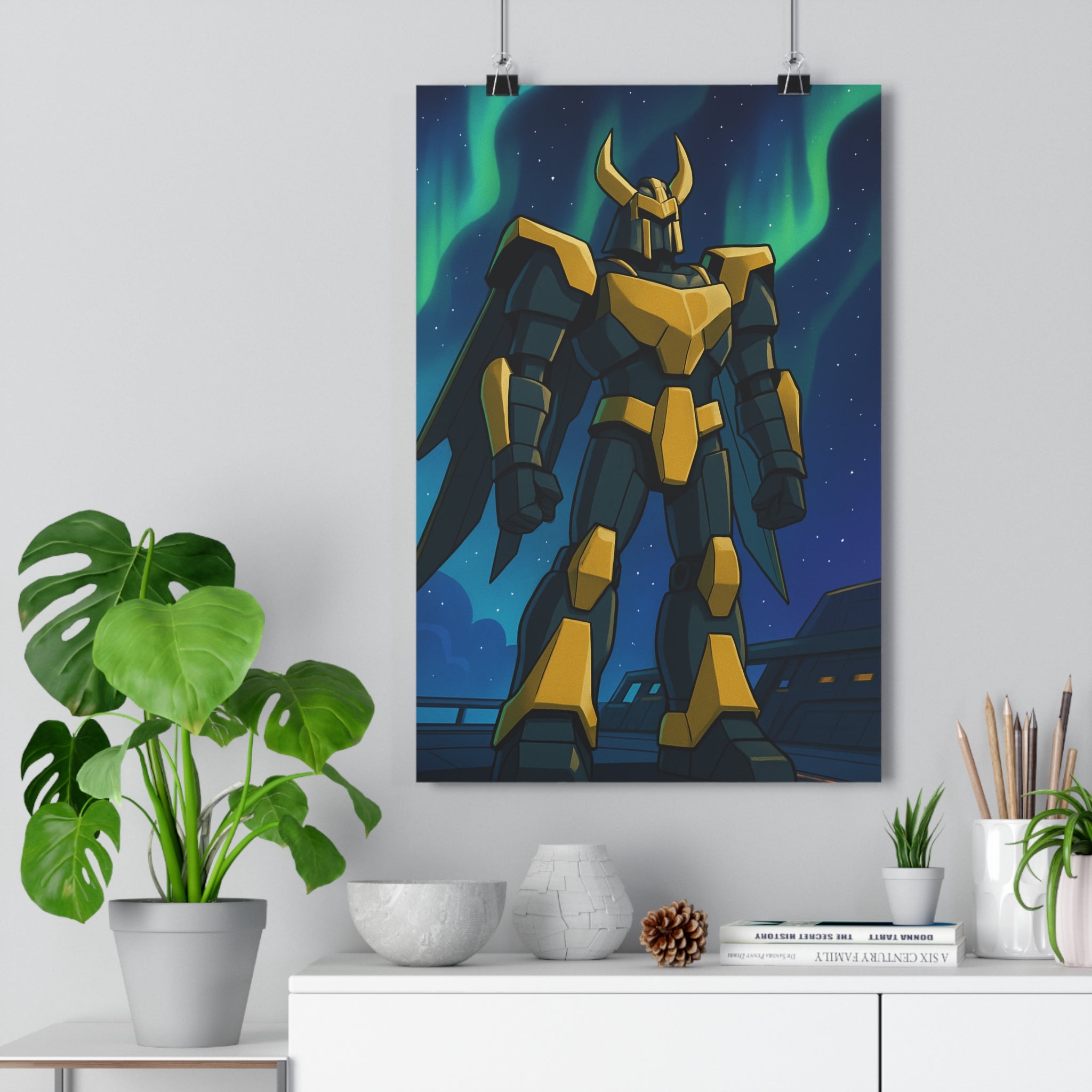 Poster décoratif anime robot géant doré métallique futuriste mystique chambre bureau ambiance étoilée 30x46