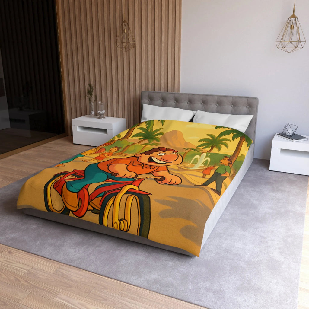Housse de Couette Cartoon Joyeuse avec Cycliste dans un Parc Tropical et Fontaine