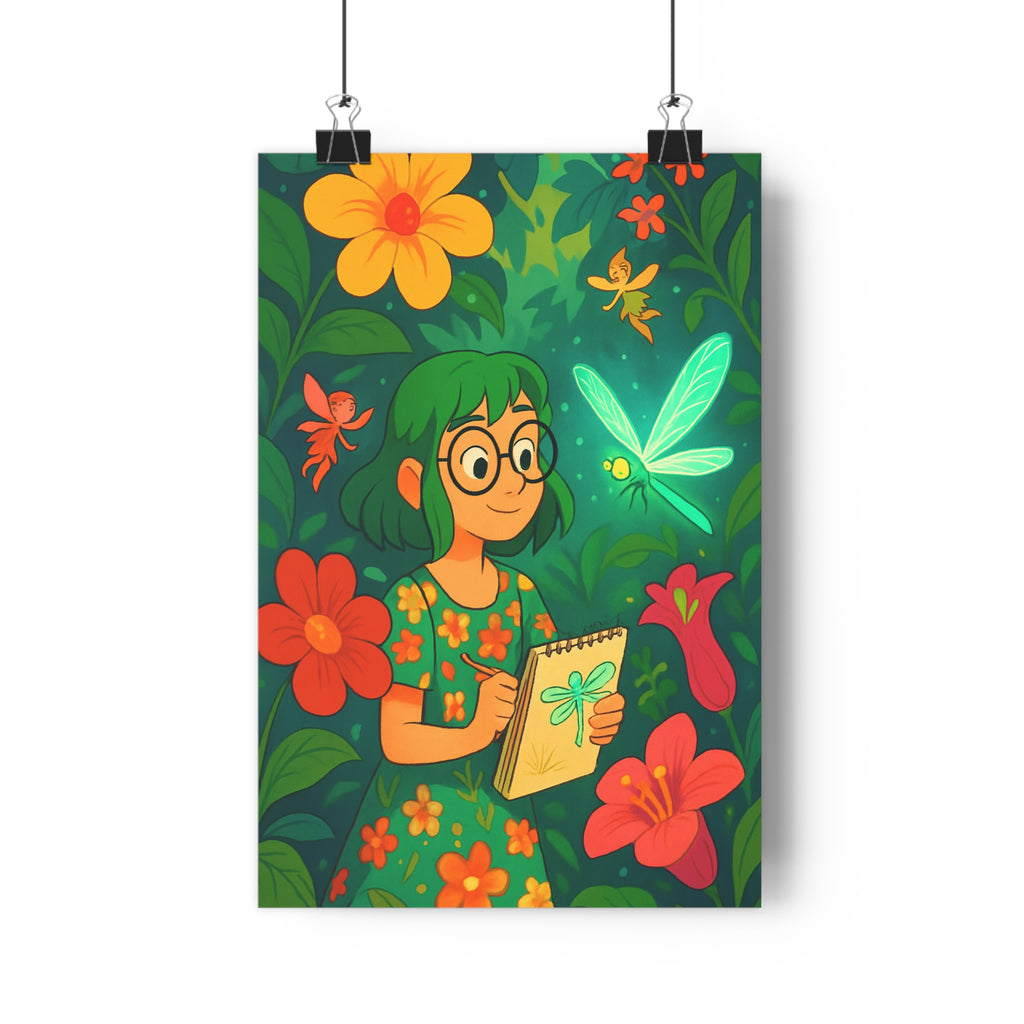 Poster décoratif enchanté nature féerique vert orange rose chambre bureau magique paisible fées croquis