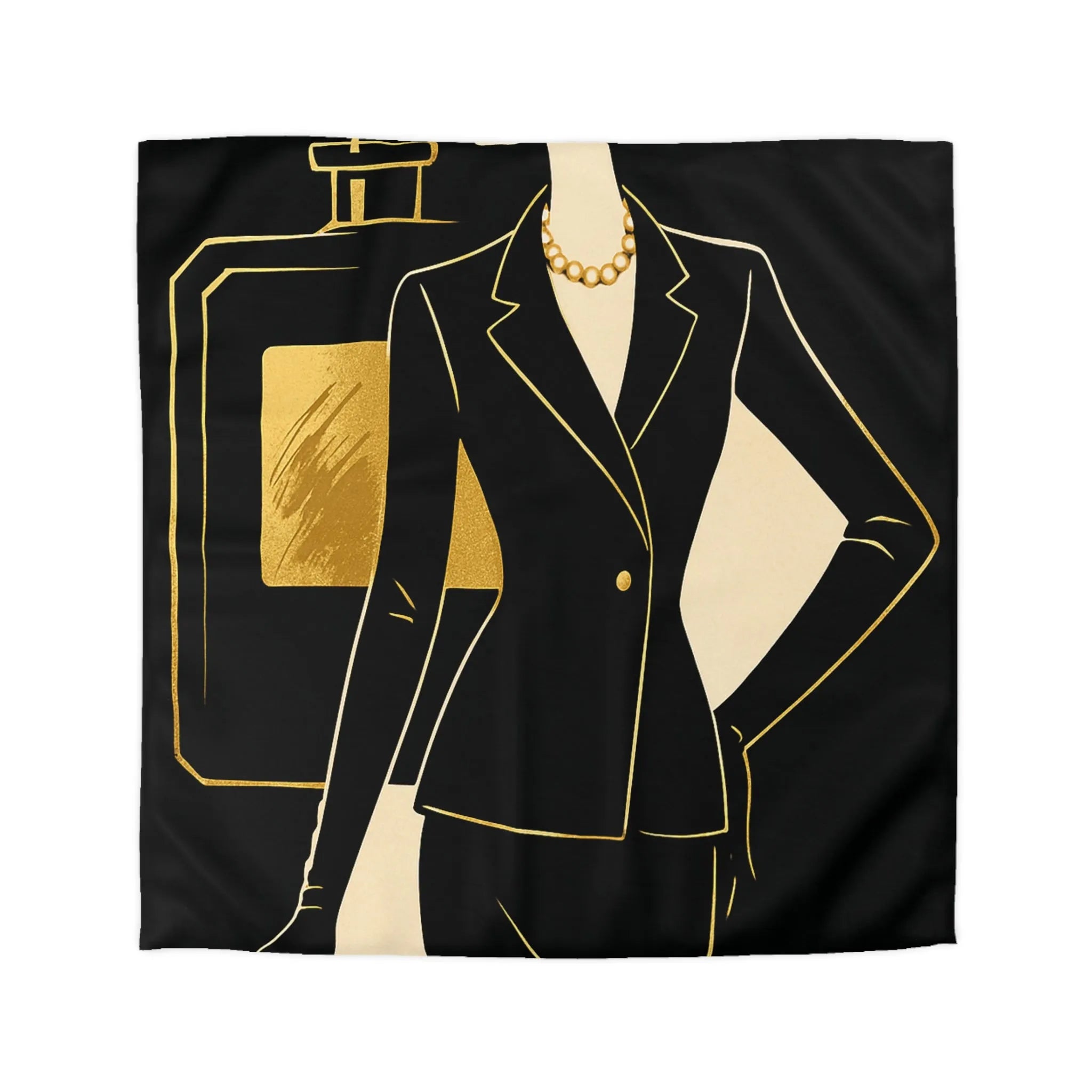 Élégante illustration minimaliste avec parfum et silhouette féminine en noir et or