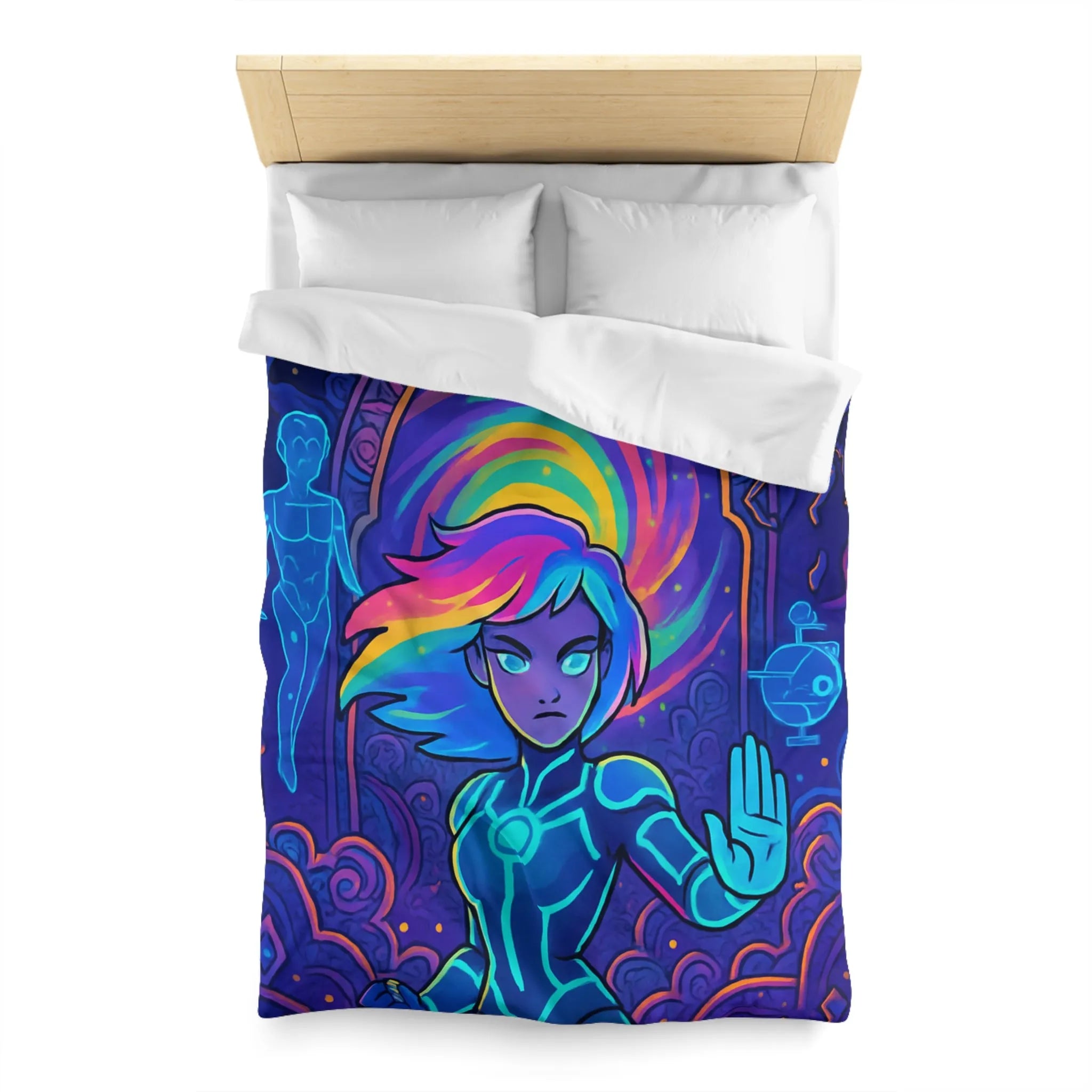 Housse de couette futuriste avec design néon multicolore et personnage dynamique