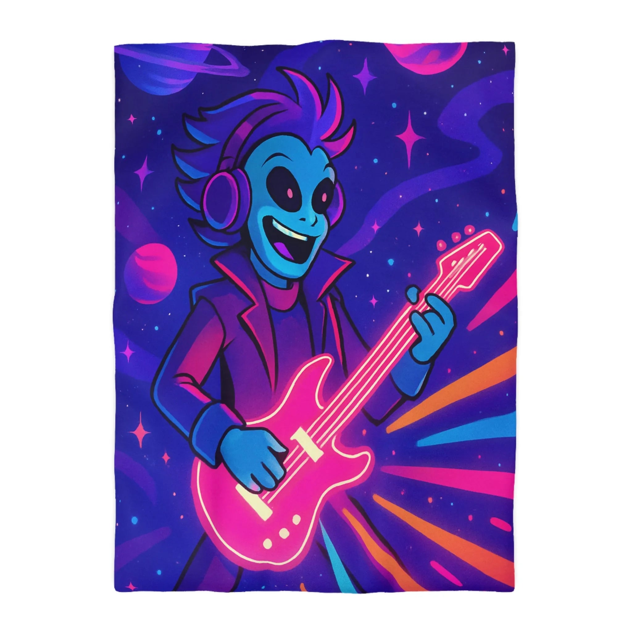 Housse de Couette Galactique avec Musicien Alien et Planètes Multicolores en Néon Vibrant