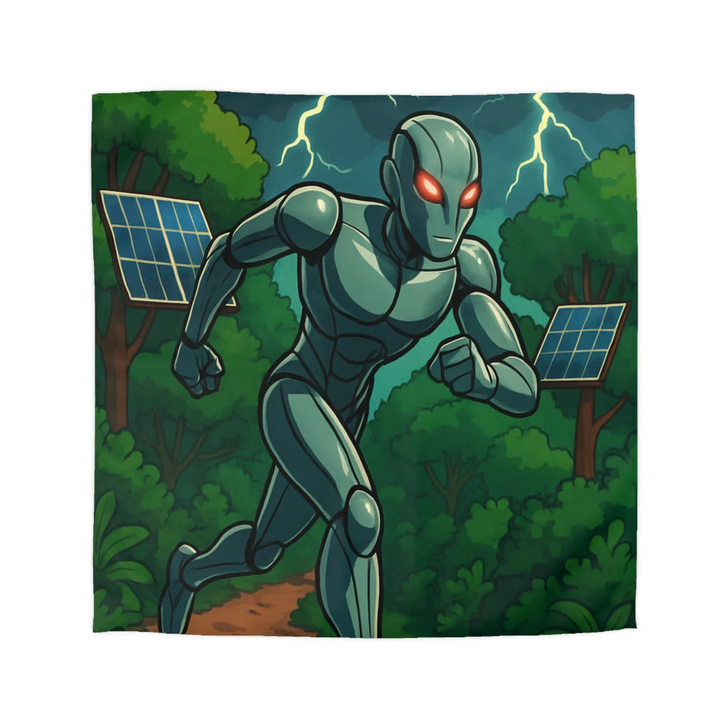 Housse de couette avec robot futuriste courant dans une jungle électrifiée et orageuse