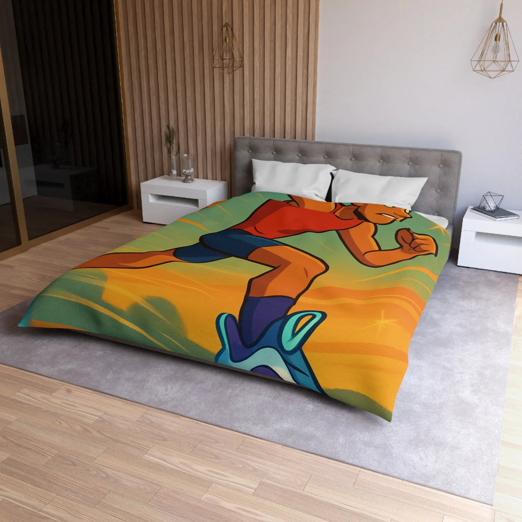 Housse de couette dynamique coureur stylisé accélérant sur fond d’énergie vibrante