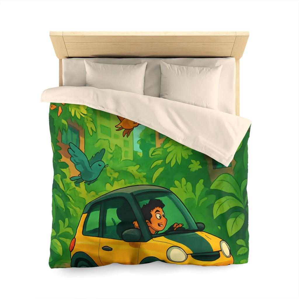 Housse de couette colorée avec voiture jaune et jungle luxuriante pour enfants aventureux