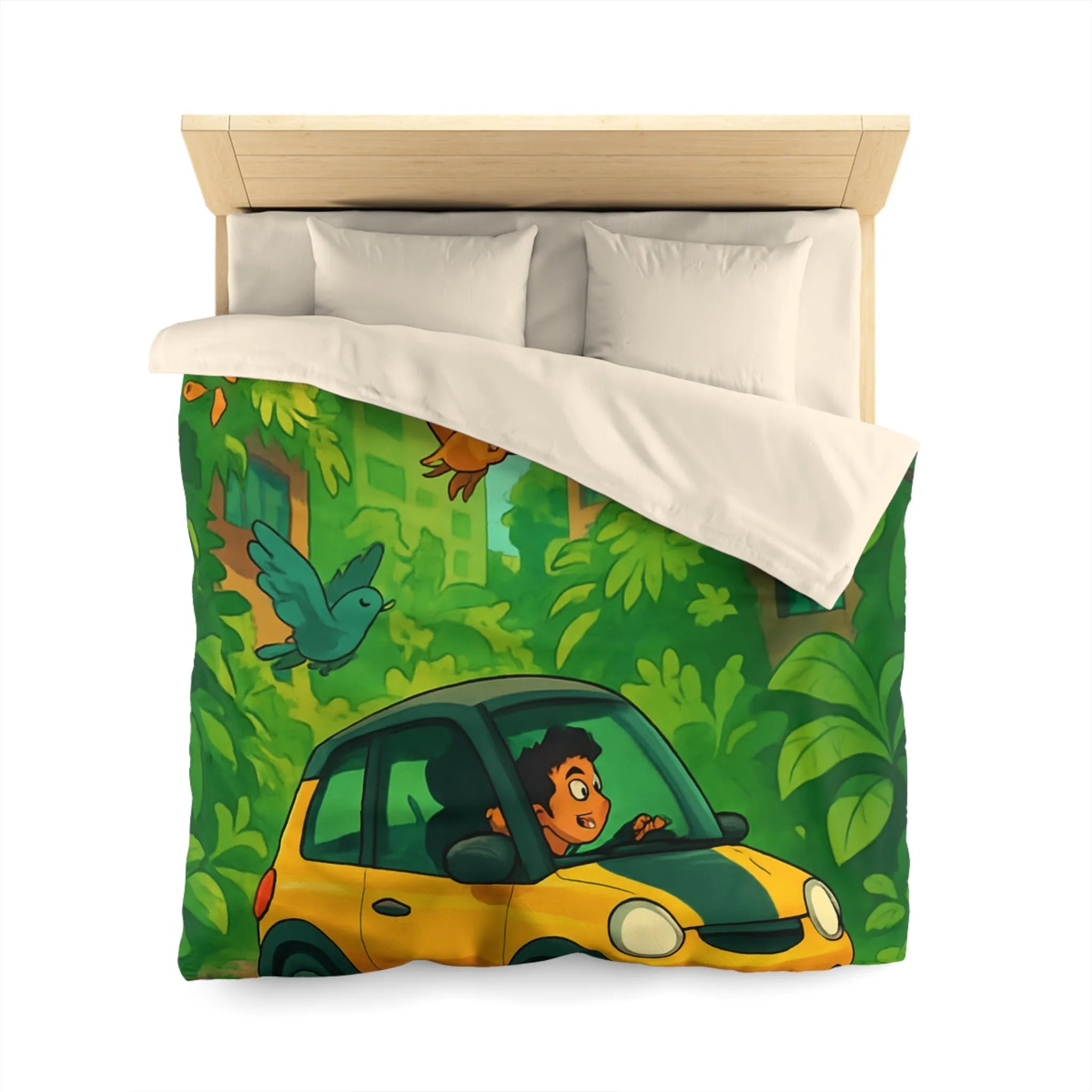 Housse de couette colorée avec voiture jaune et jungle luxuriante pour enfants aventureux