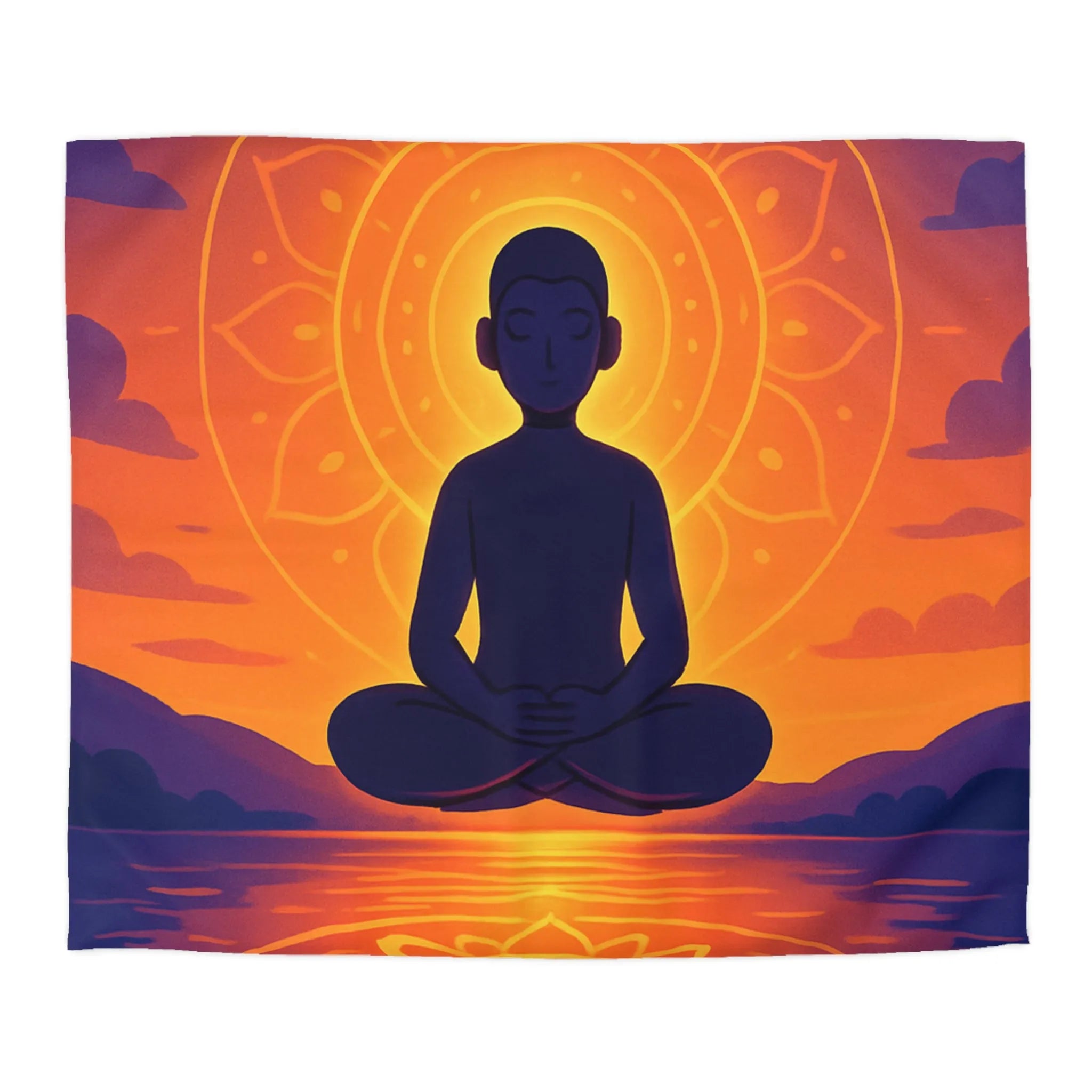 Housse de couette méditation silhouette au coucher de soleil avec reflet mandala lumineux