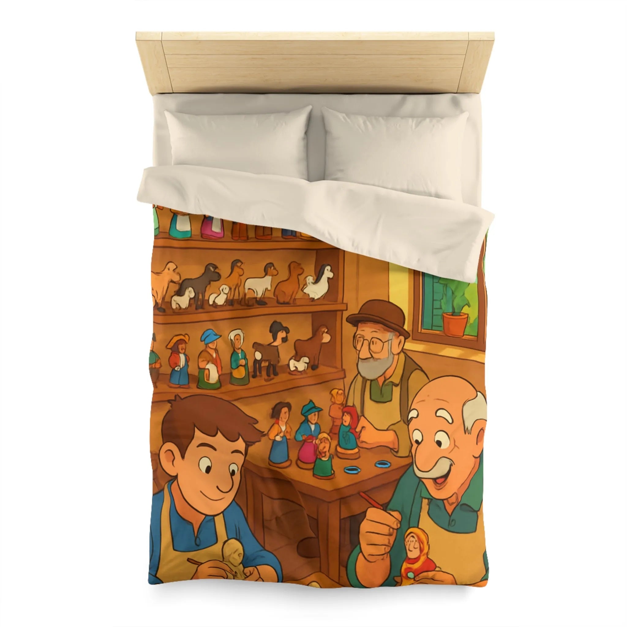 Housse de couette chaleureuse avec scène artisanale, figurines en bois colorées et personnages souriants
