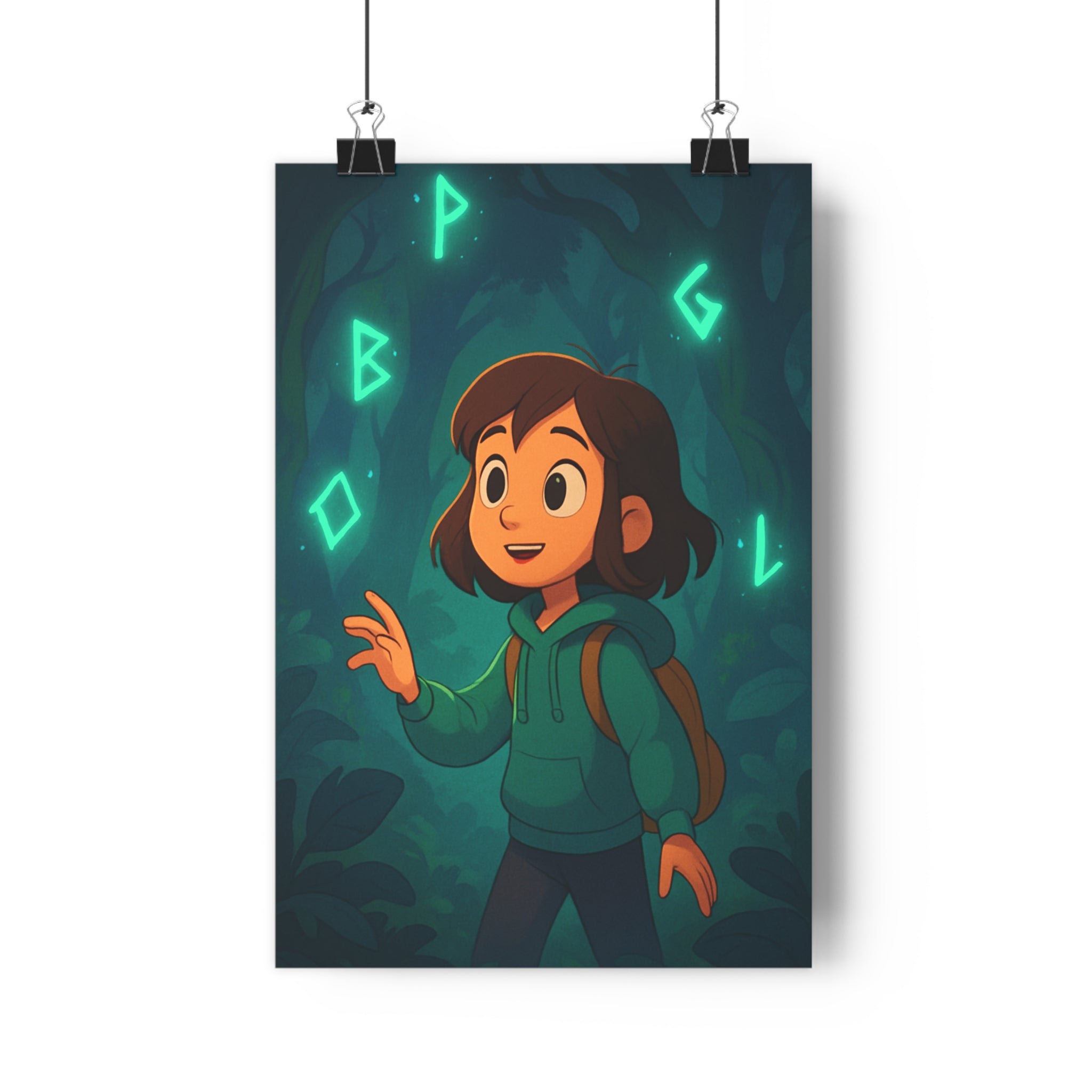 Poster décoratif enfant magique vert bleu cartoon chambre aventure mystique forêt lettres lumineuses 30x46