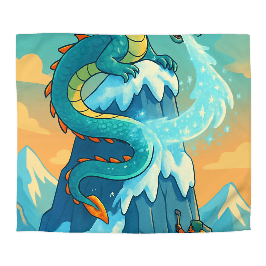 Montagne enneigée gardée par un dragon crachant de la glace, aventure épique illustrée