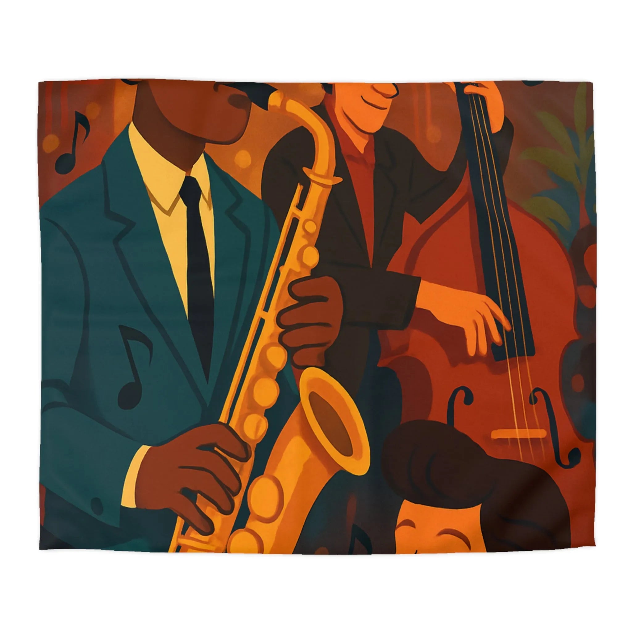 Housse de couette jazz rétro avec musiciens passionnés jouant du saxophone et contrebasse