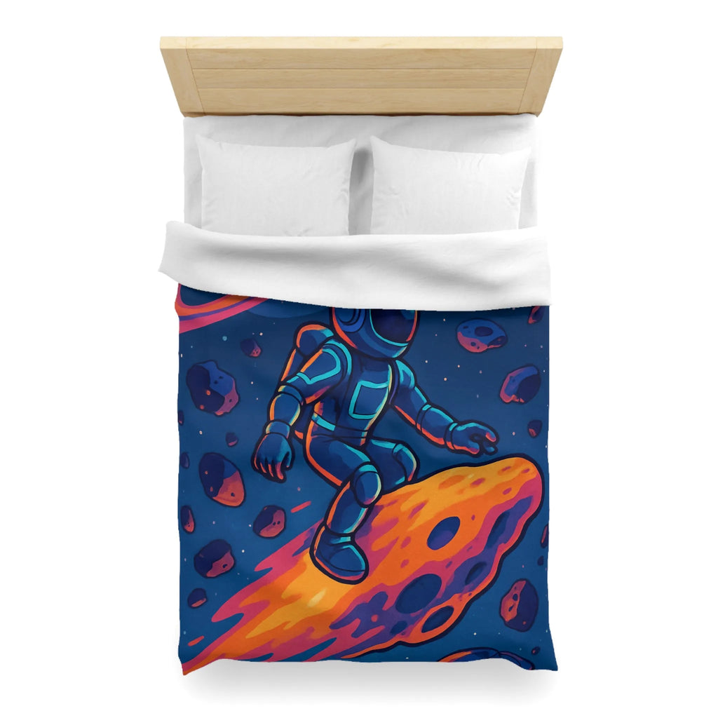 Aventure spatiale colorée avec astronaute sur météore, planète anneau et vaisseaux futuristes