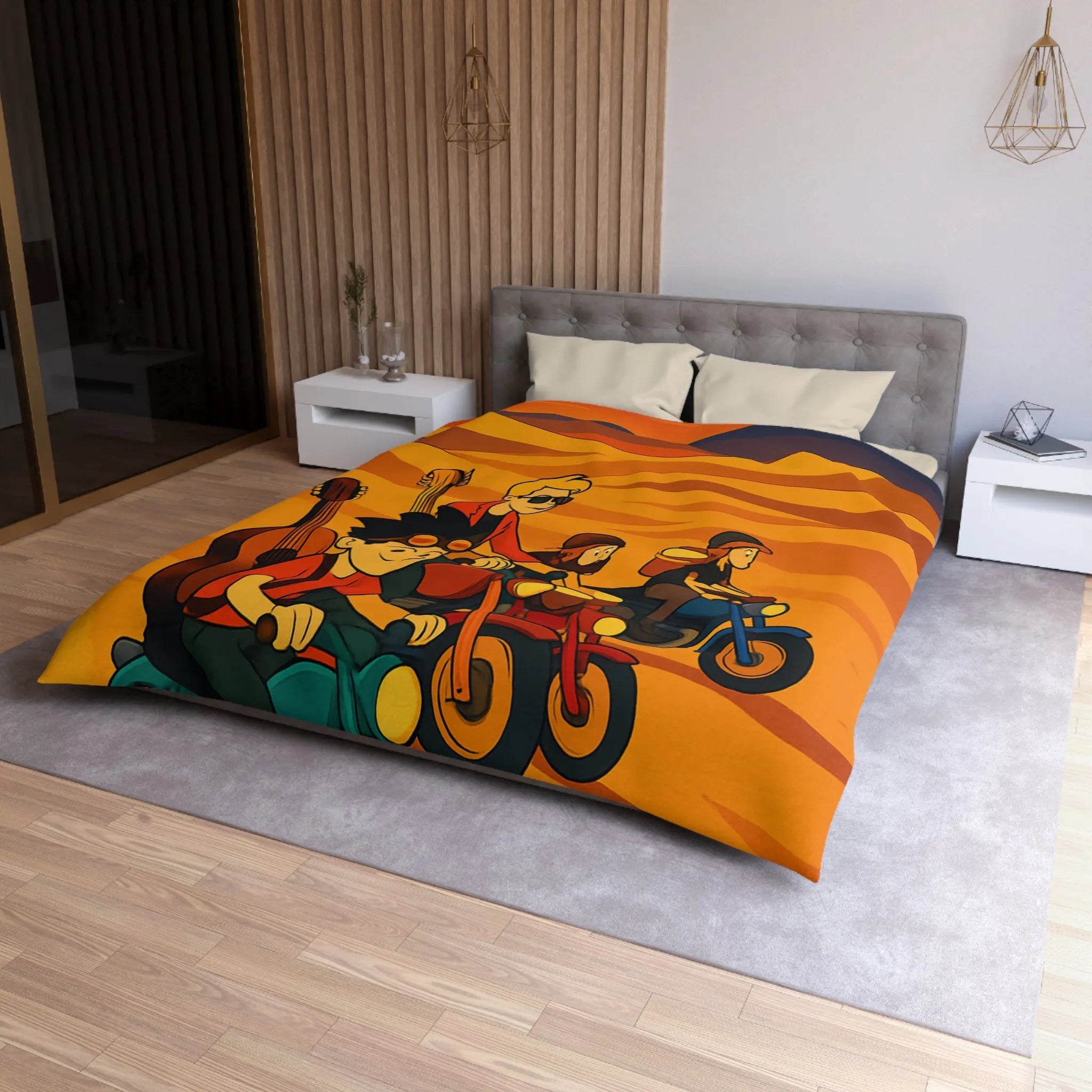 Housse de couette avec aventuriers à moto dans désert vibrant pour chambre unique