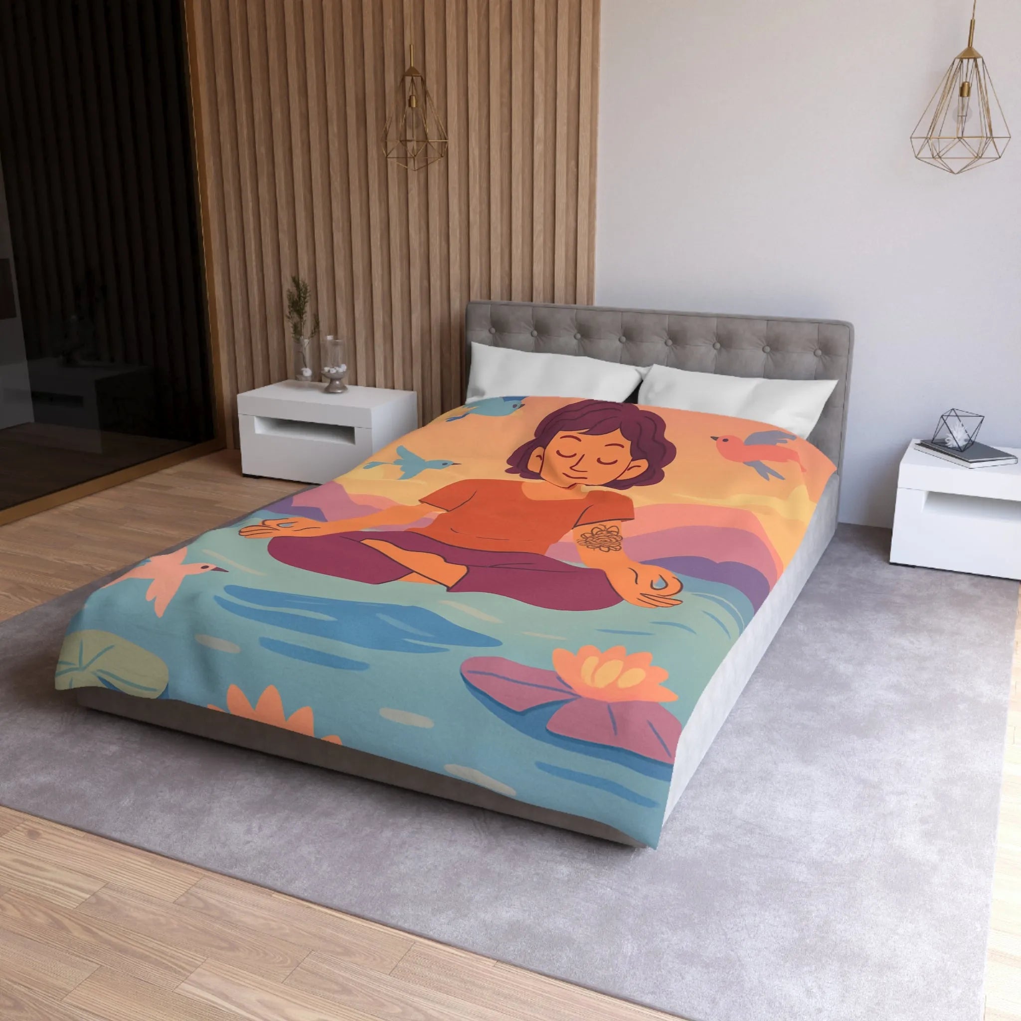 Housse de couette méditative avec motifs paisibles de nature et oiseaux colorés