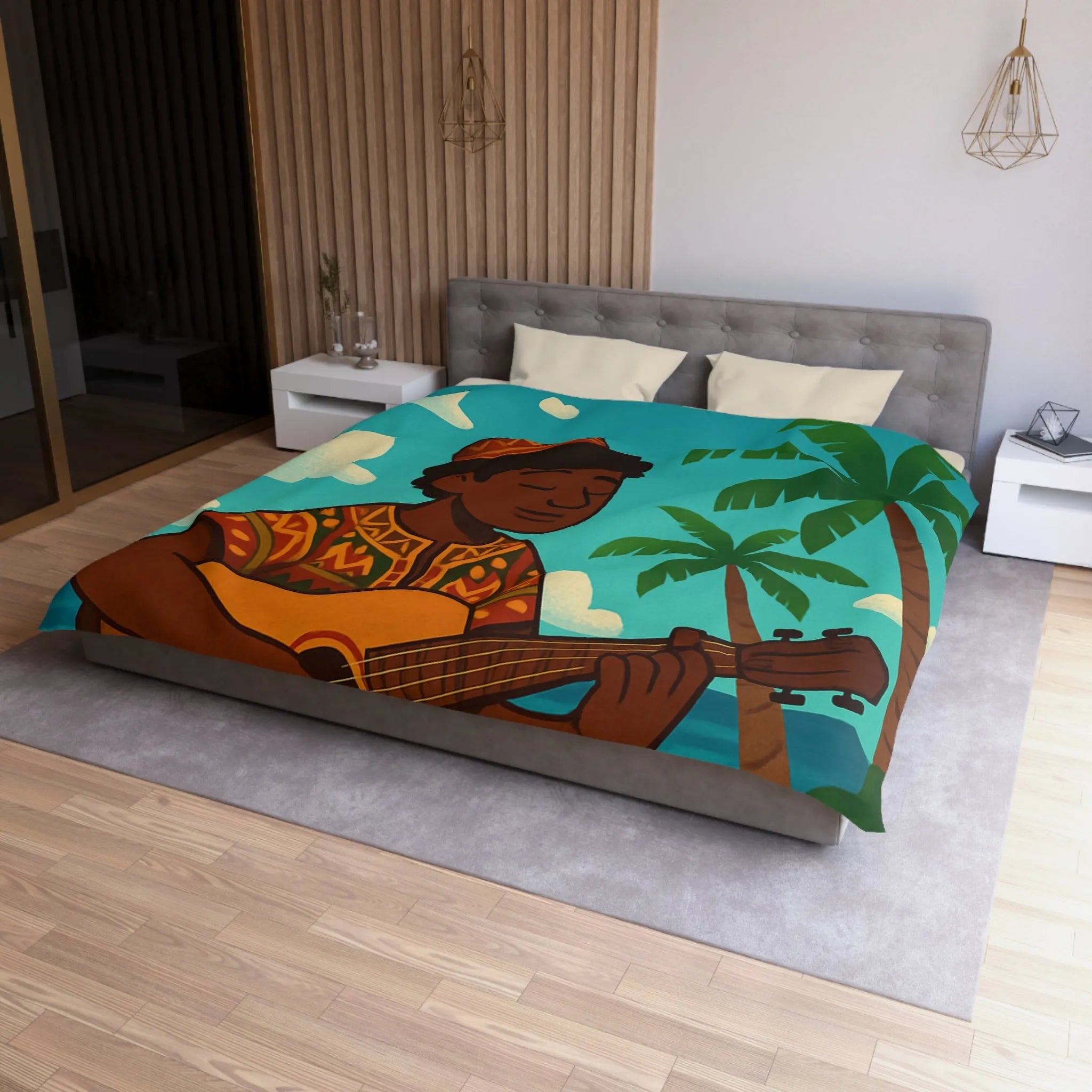 Housse de couette illustrée avec musicien joyeux sous les palmiers en bord de mer