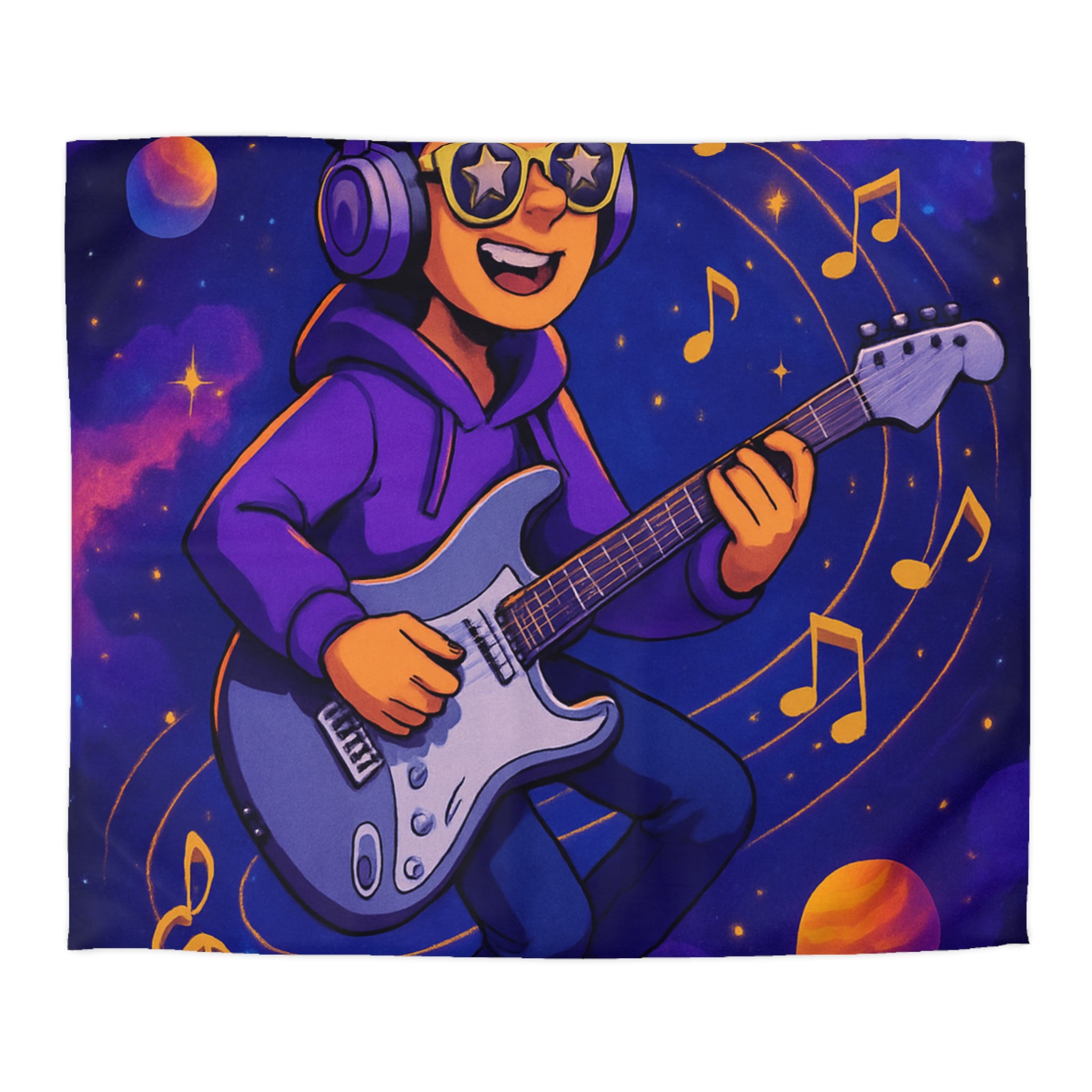 Housse de couette musicale avec planète, guitare et ciel cosmique coloré, ambiance rêveuse