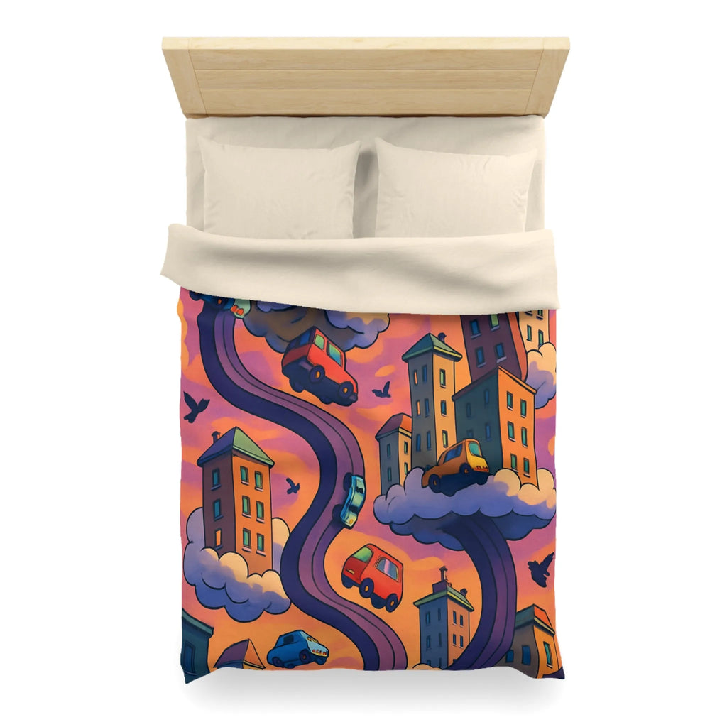 Housse de couette artistique avec voitures volantes et gratte-ciels à l'aube colorée